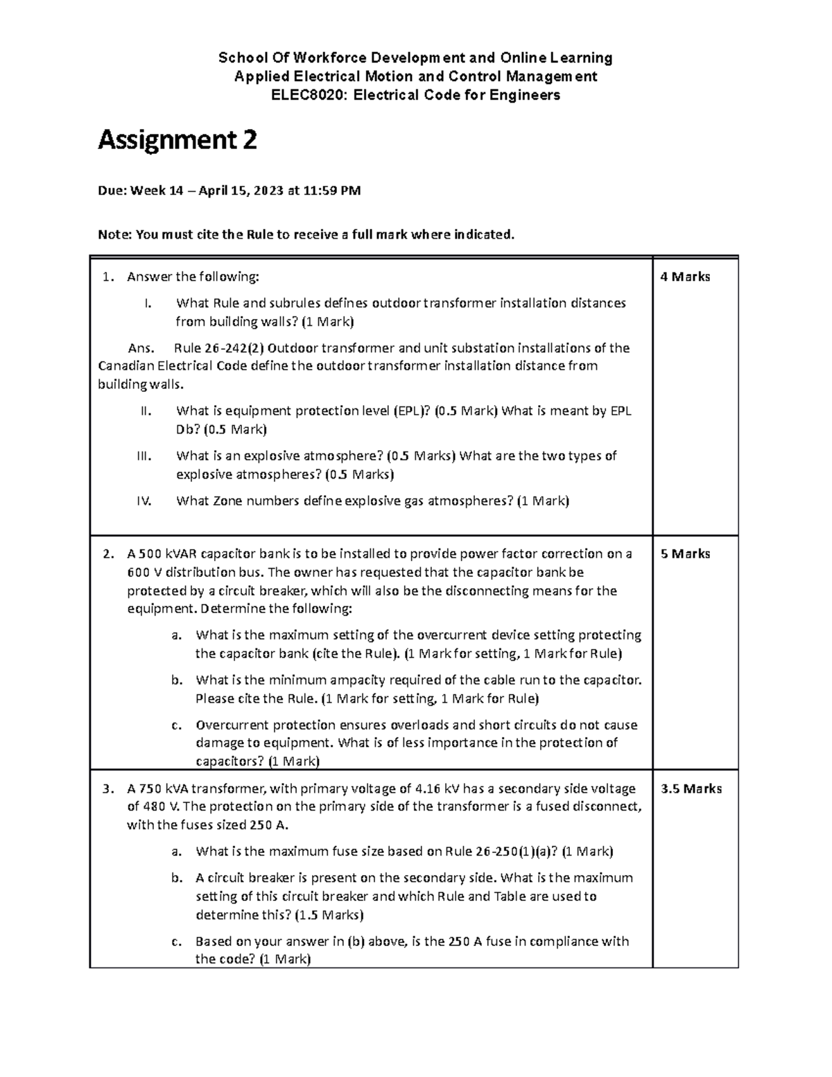Assignment 2 W23 Questions of electrical codes School Of Workforce