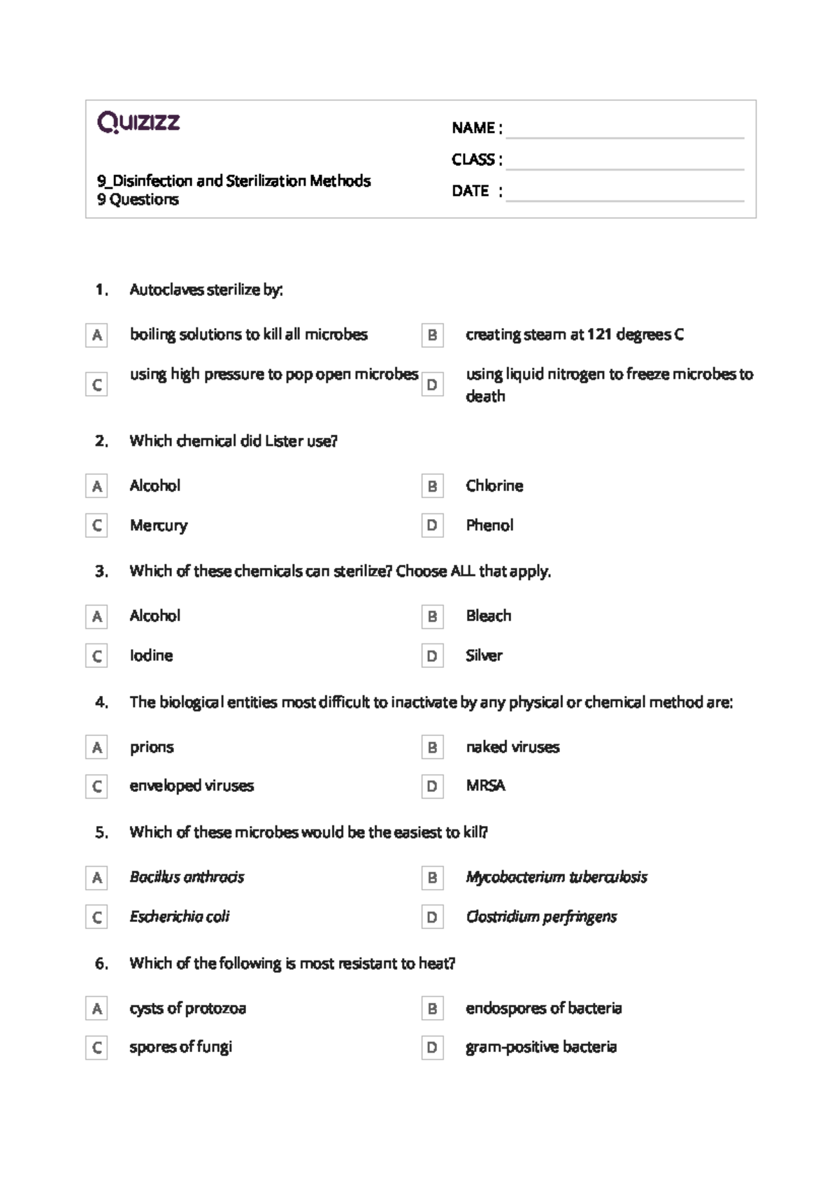 Quizz of Disinfection and Sterilization 9_Disinfection 9 Questions