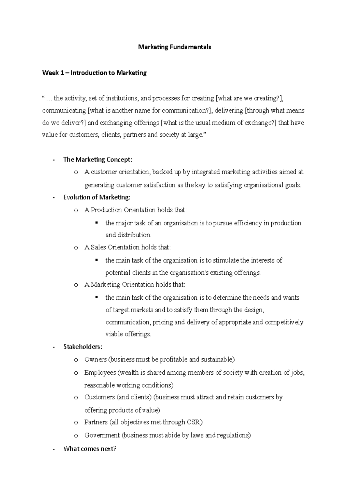 MKTG101 notes week 1 and 2 - Marketing Fundamentals Week 1 ...