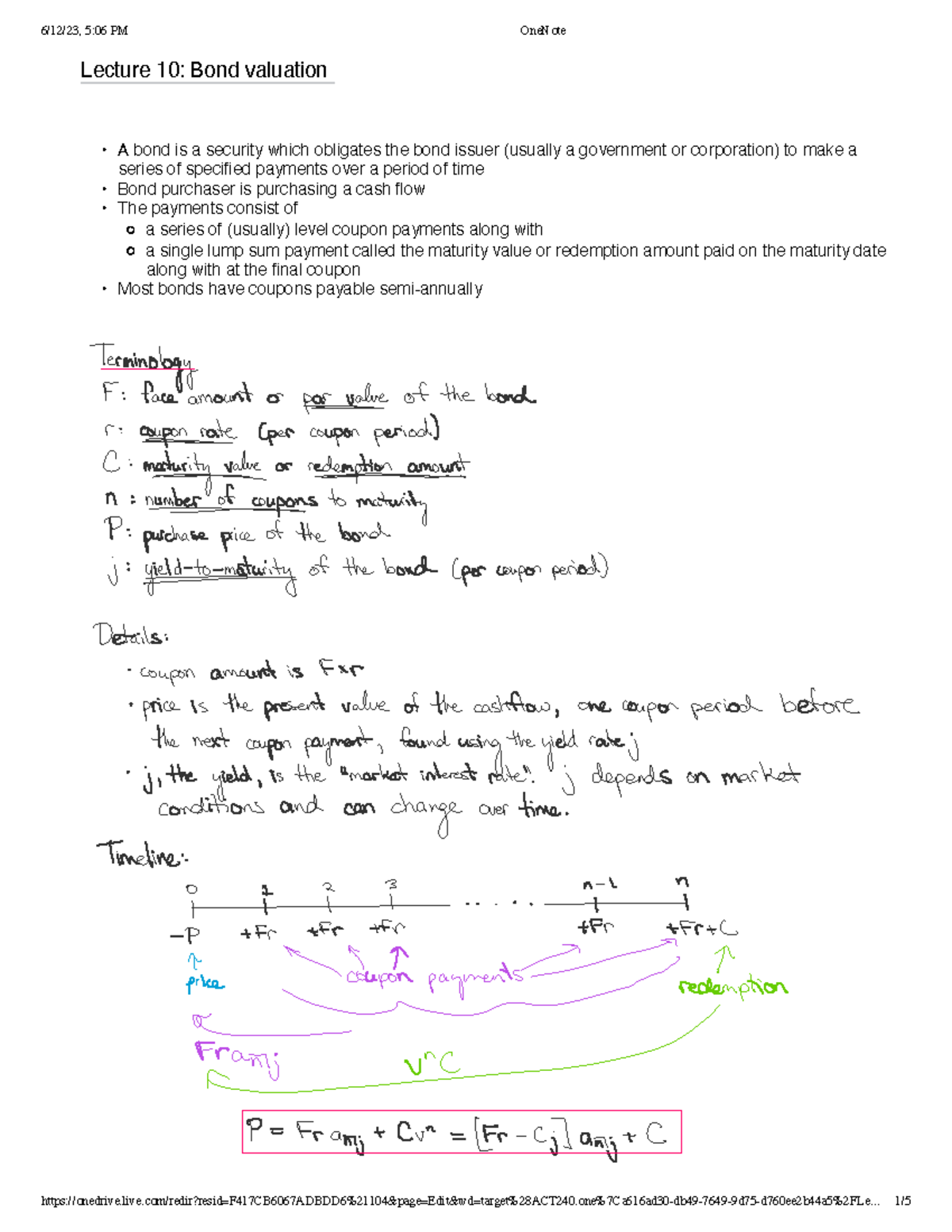 ACT240 Lecture 10 Notes - Lecture 10: Bond valuation A bond is a ...
