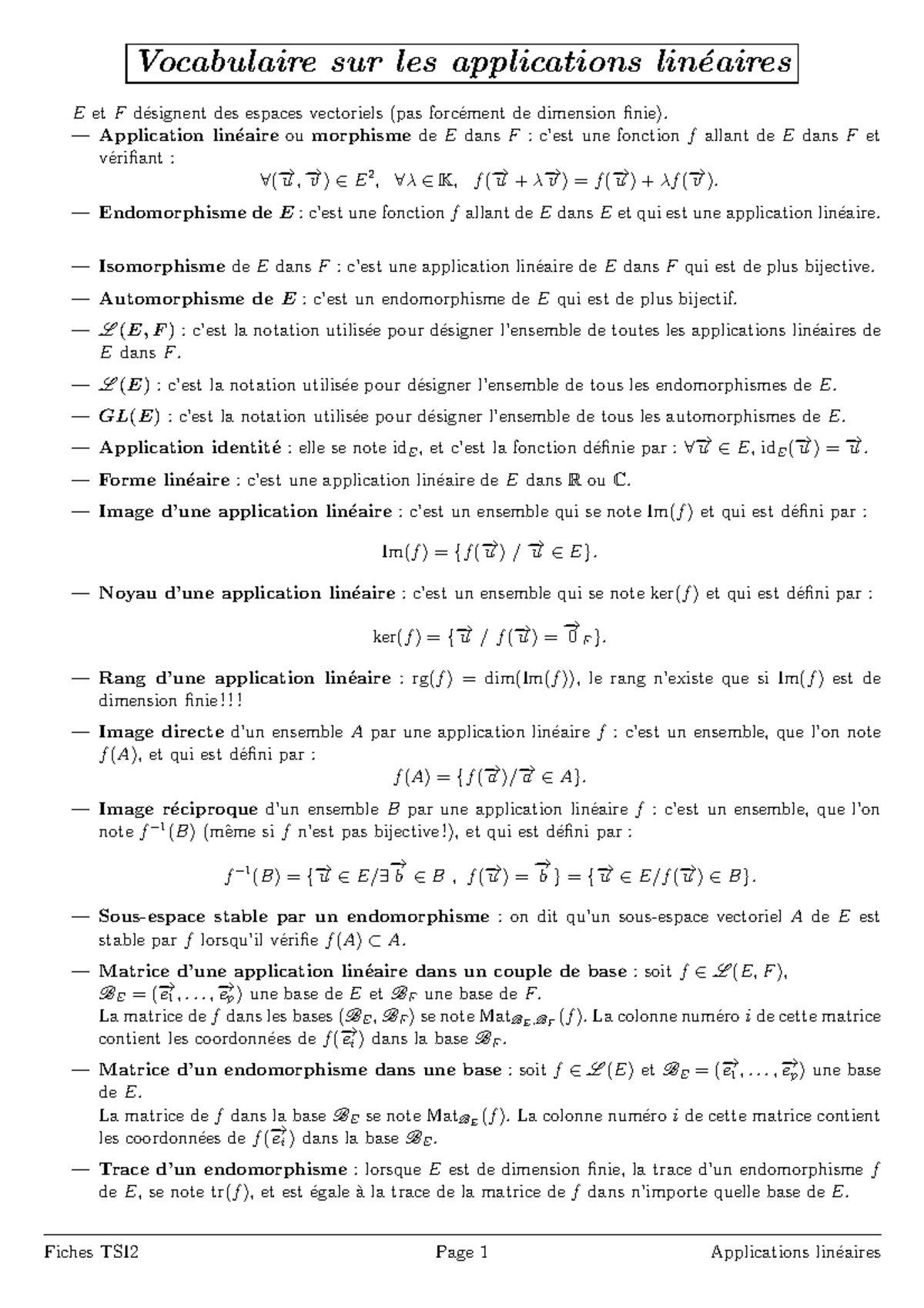 Resumé Applications Linéaires - Vocabulaire sur les applications lin ...