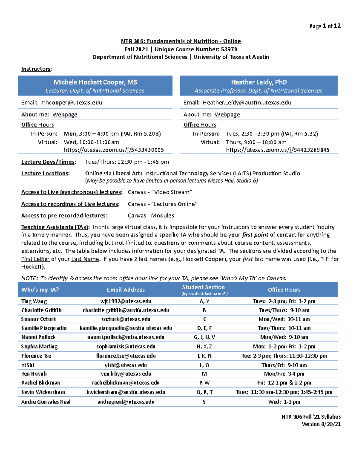 Fall 21 NTR 306 Syllabus Cooper and Leidy - NTR 306 - University of ...