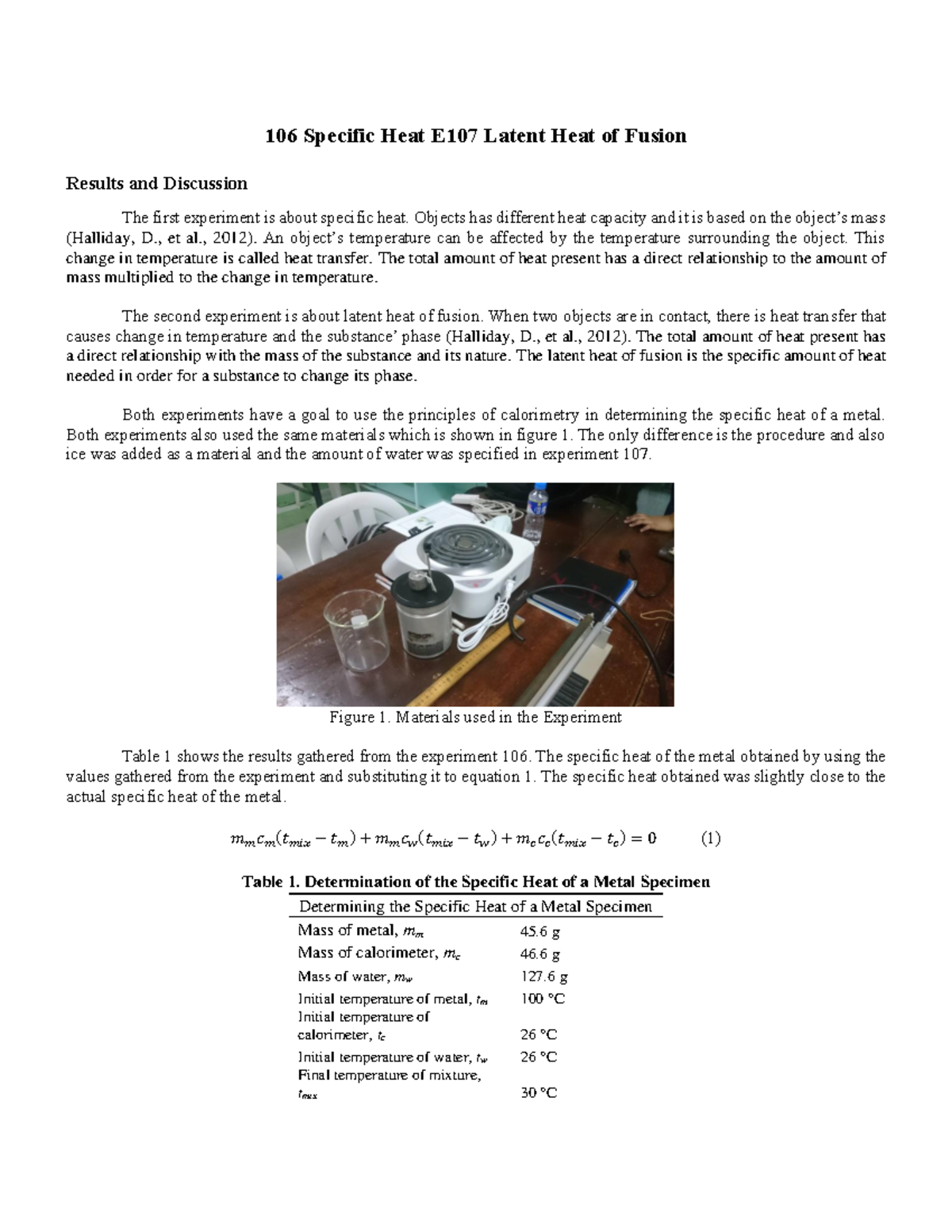 106-specific-heat-e107-latent-heat-of-fusion-laboratory-report-106