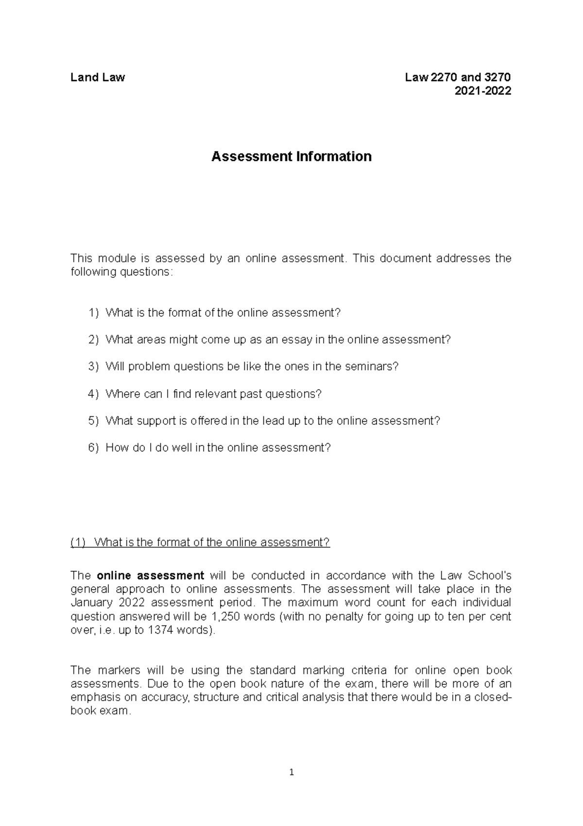 Land Law - Online Assessment Info - Land Law Law 2270 and 3270 2021 ...