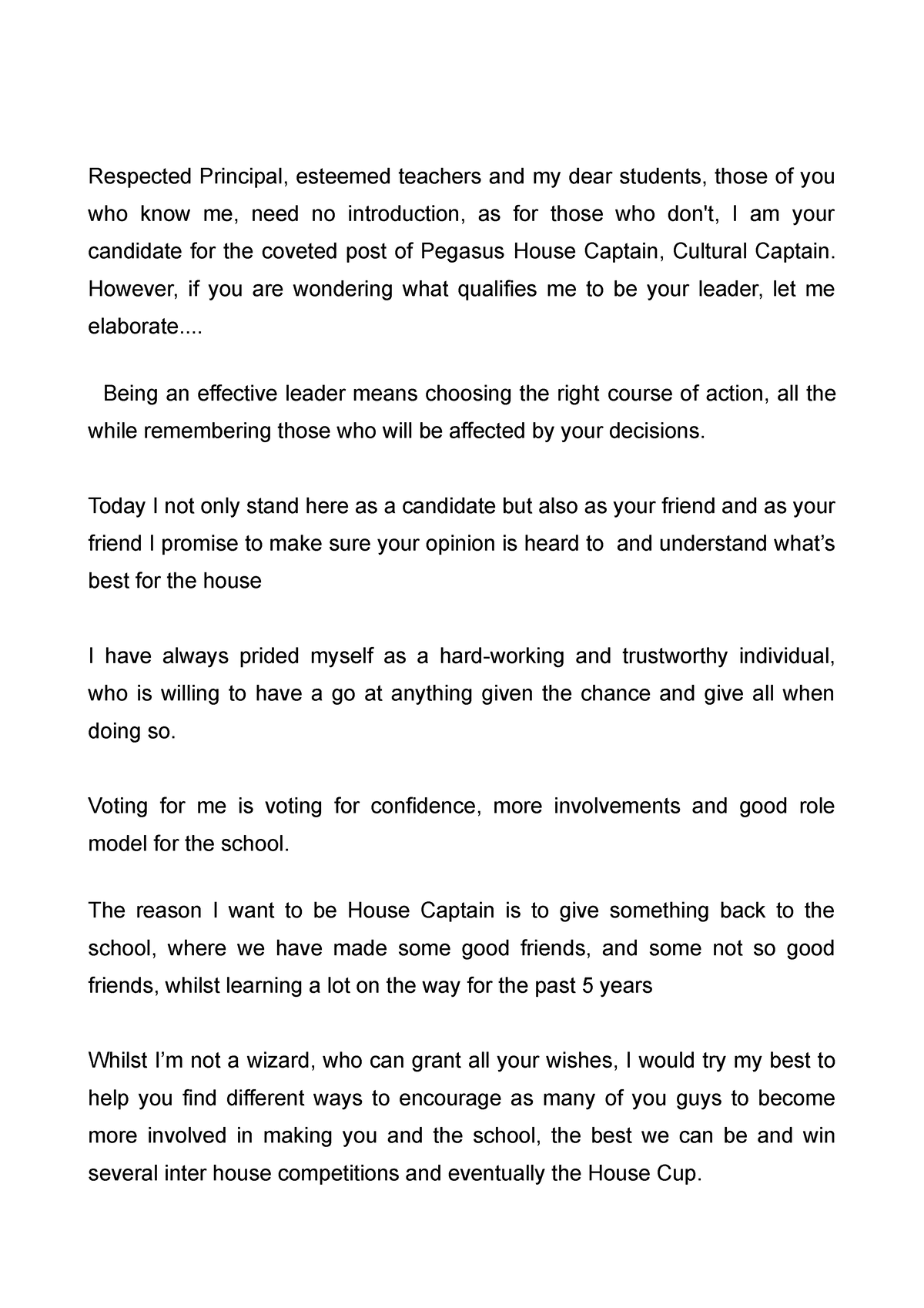 what to write in a house captain speech