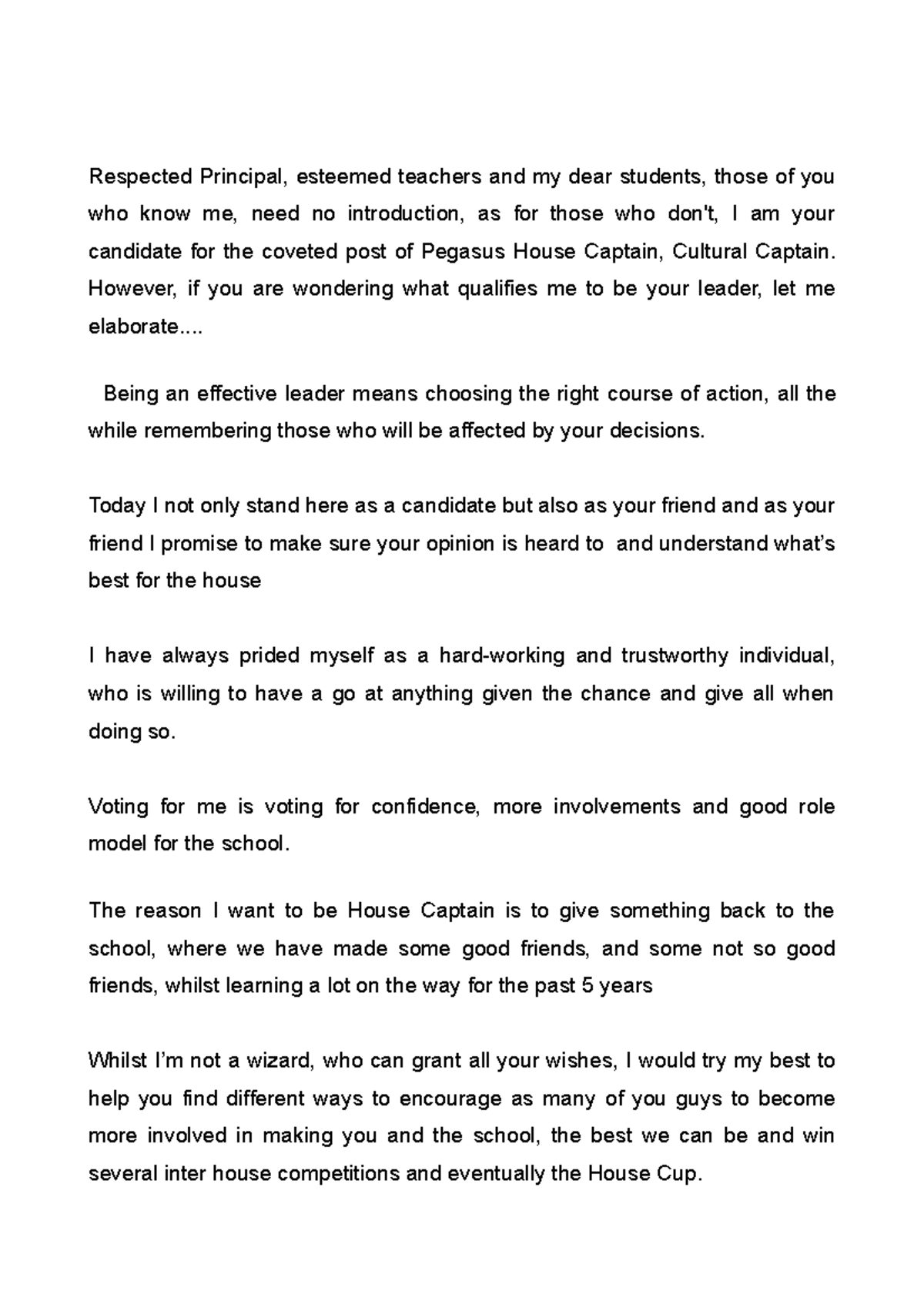 what to write in a house captain speech