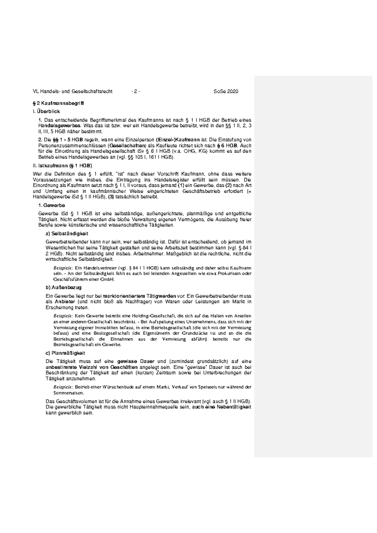 Handels Und Gesellschaftsrecht Skript Skript § 2 Kaufmannsbegriff - VL Handels- und Gesellschaftsrecht - 2