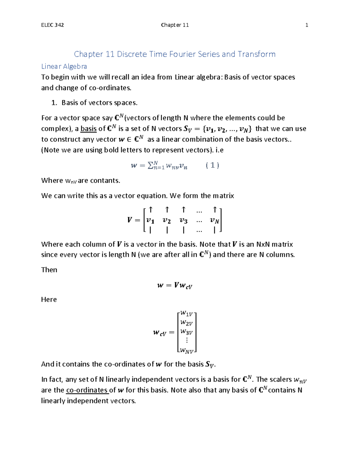 Elec 342 notes ch 11 - Ch 11 - Chapter 11 Discrete Time Fourier Series ...