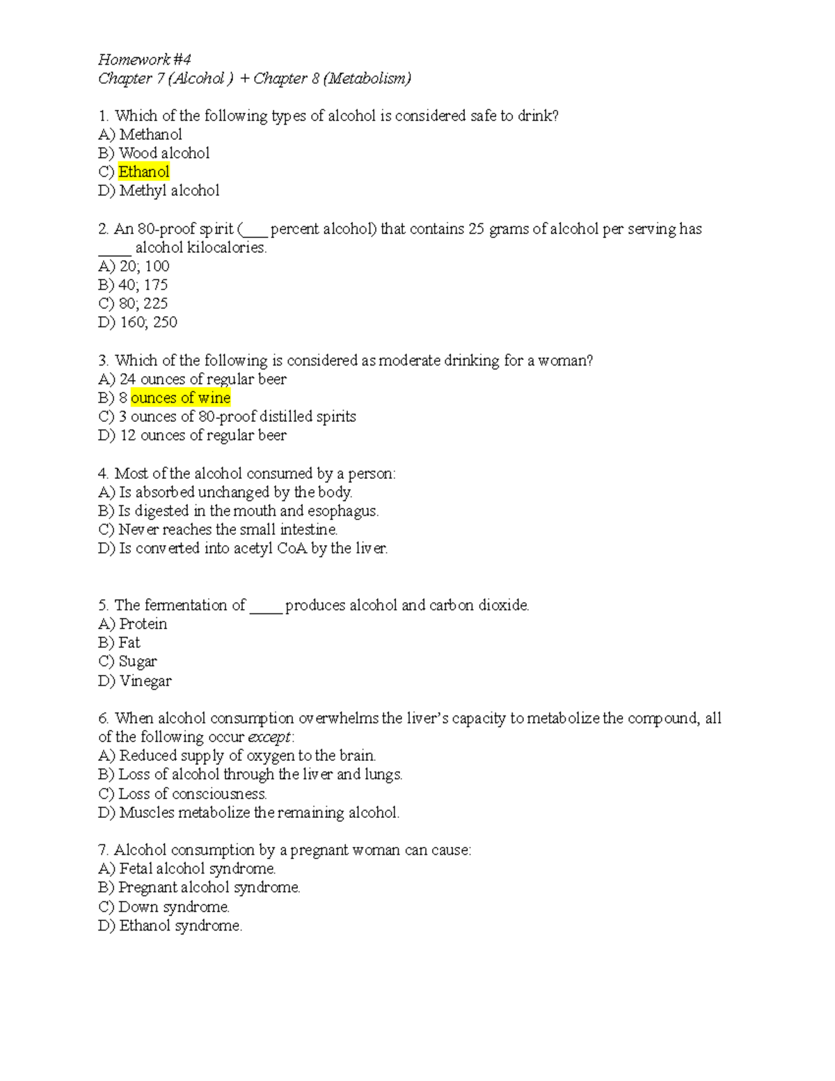 Nutrition TEST BANK Chapter 1 - Chapter 7 (Alcohol ) + Chapter 8 ...