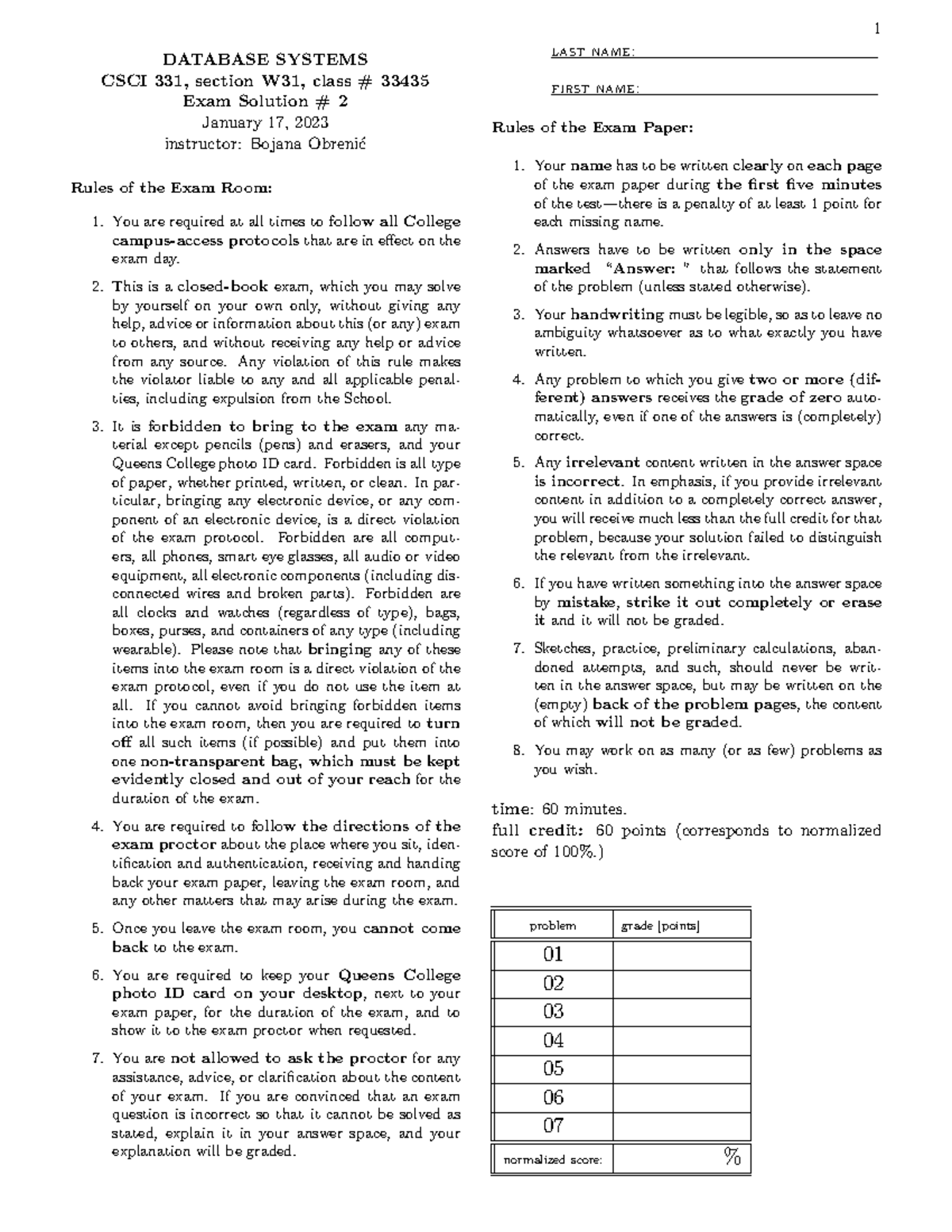 2023 Winter Exam2 - Questions - DATABASE SYSTEMS CSCI 331, Section W31 ...