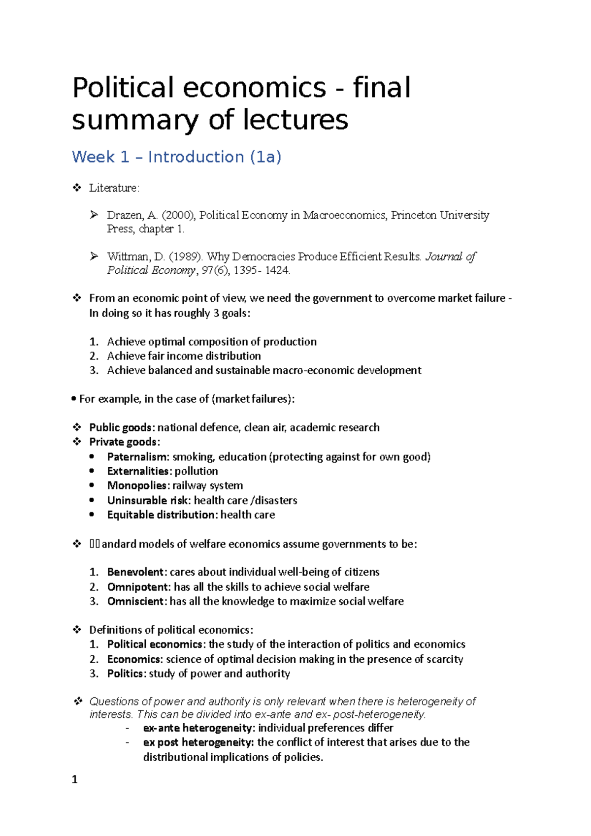 PE - Summary Of All Lectures - Political Economics - Final Summary Of ...