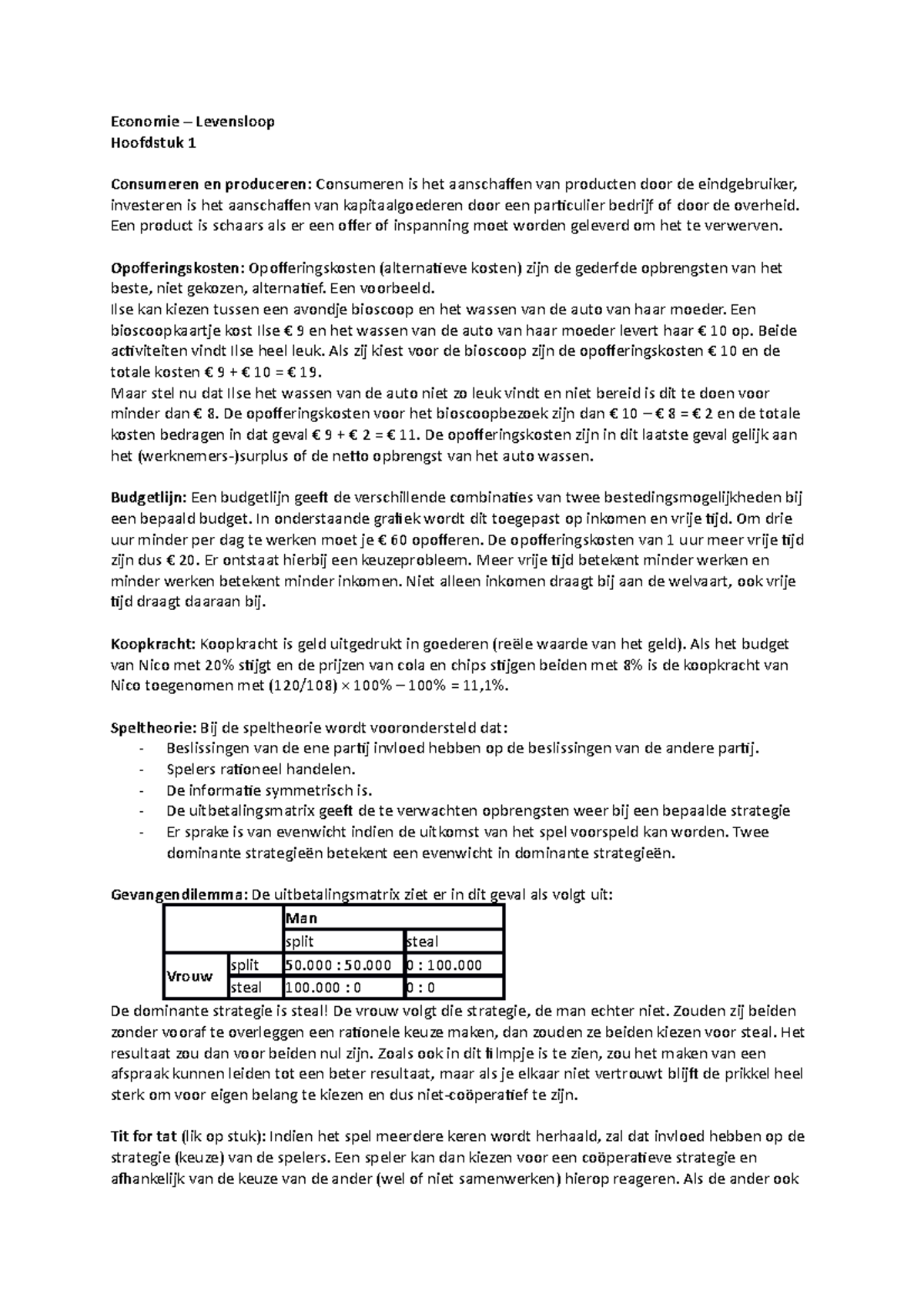 Economie Levensloop H1 samenvatting Economie Levensloop Hoofdstuk 1