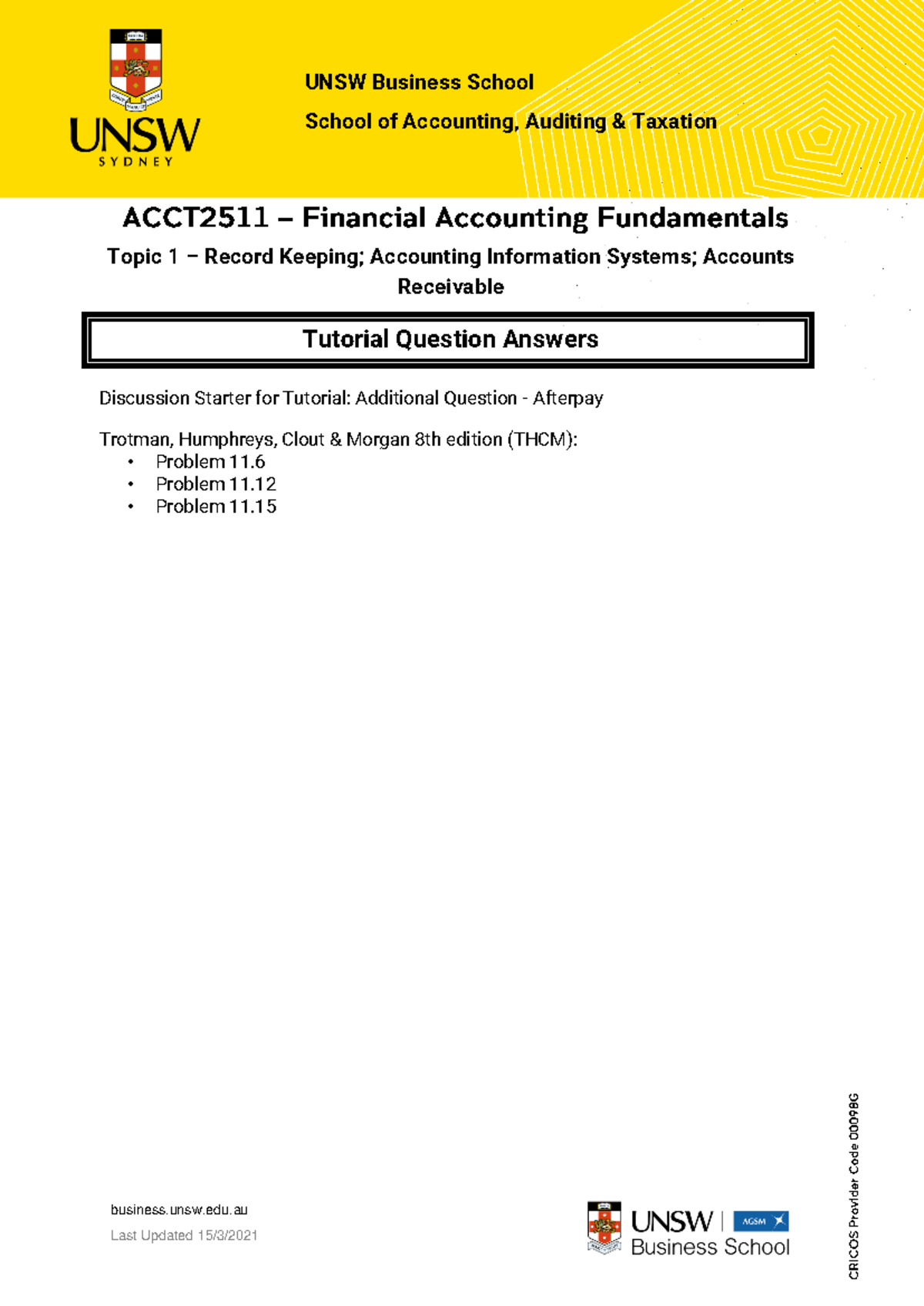 ACCT2511 Tute 1 - Accounting Tutorial Questions Overview - UNSW ...