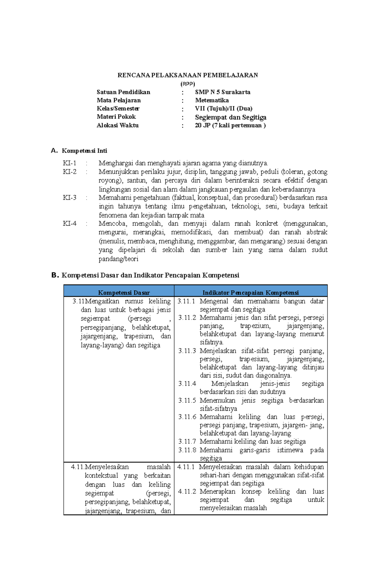 RPP KD 3.11 Segiempat DAN Segitiga - RENCANA PELAKSANAAN PEMBELAJARAN ...