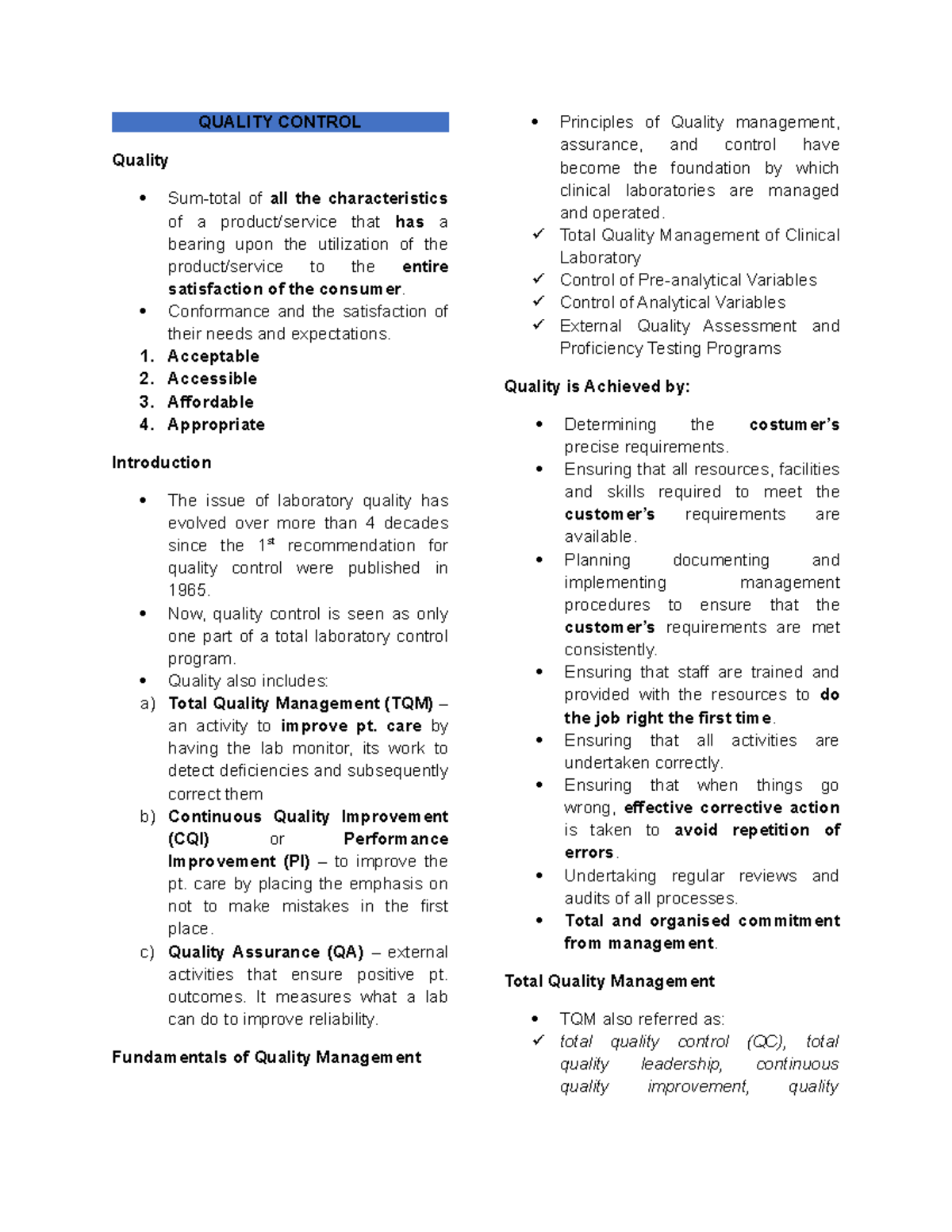 Quality Control for Laboratories - QUALITY CONTROL Quality Sum-total of ...
