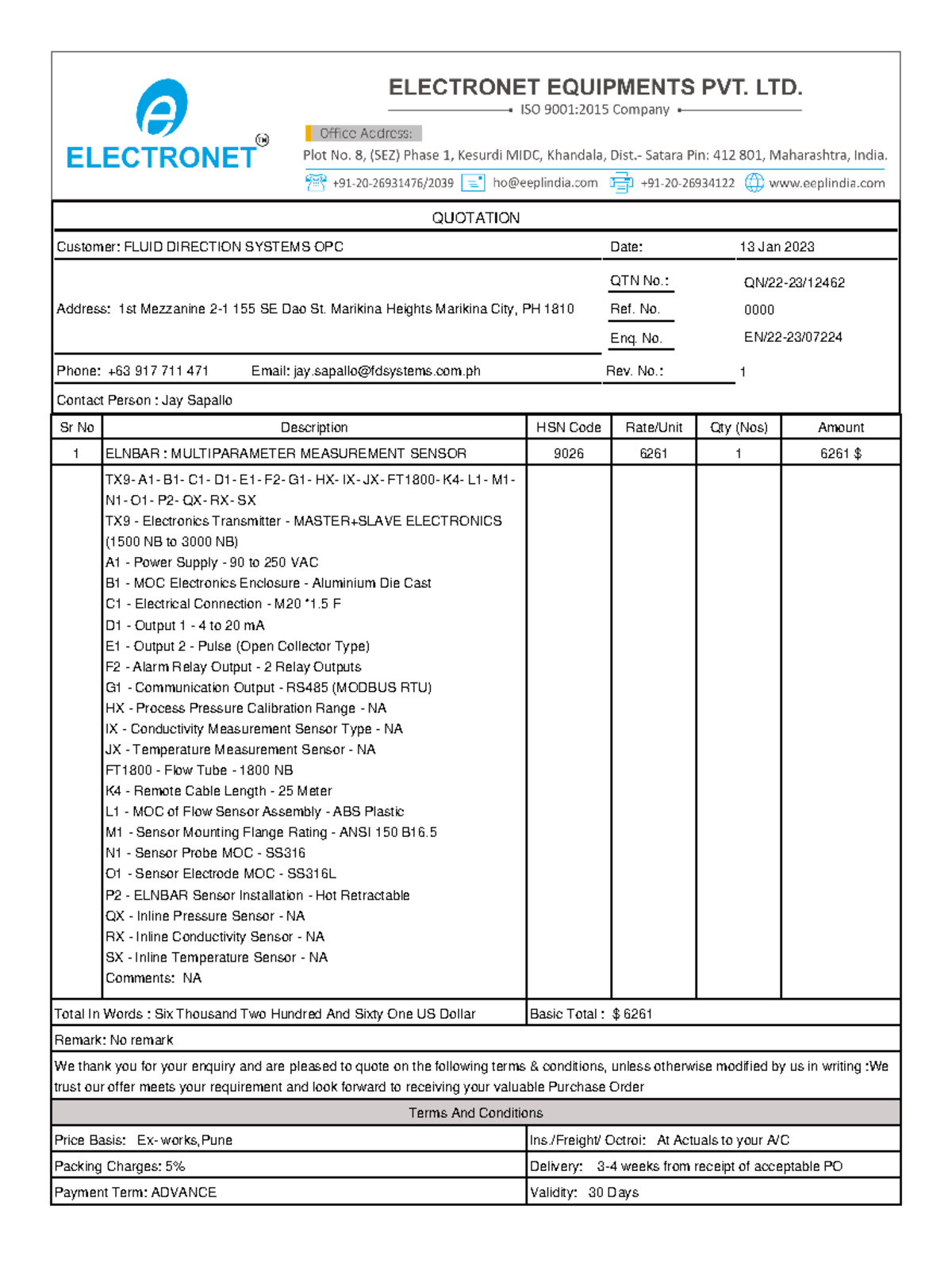 QN2223124621 QUOTATION Customer FLUID DIRECTION SYSTEMS OPC Date