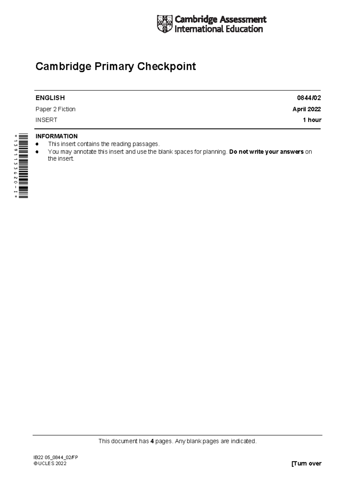 English Checkpoint Sample Paper-Insert-2 - This document has 4 pages ...
