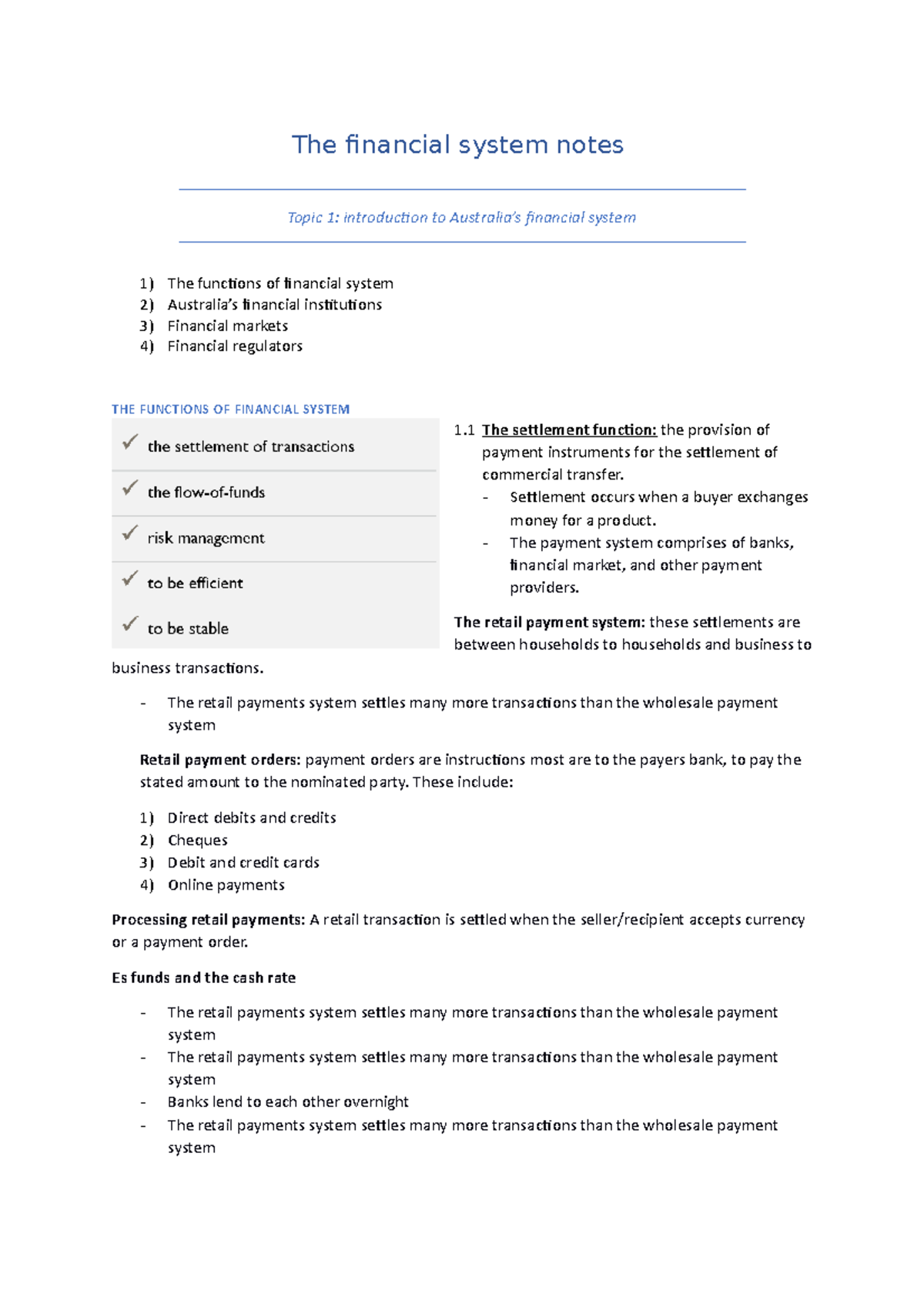 financial system notes - The financial system notes Topic 1 ...