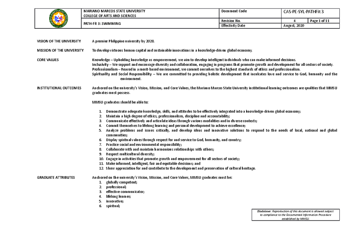 BasicSwimmingSyllabus COLLEGE OF ARTS AND SCIENCES PATHFit 3