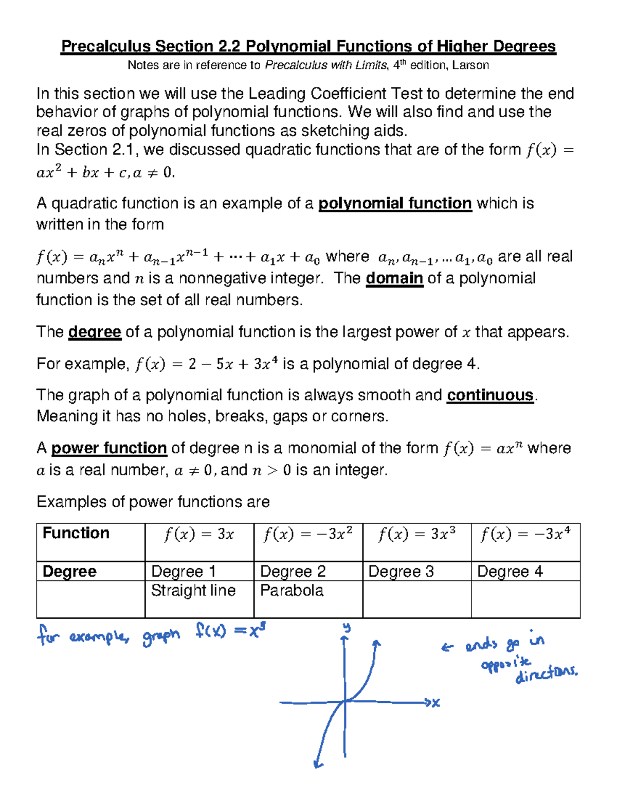 Precalculus Section 2.2 Polynomial Functions of Higher Degrees - We ...