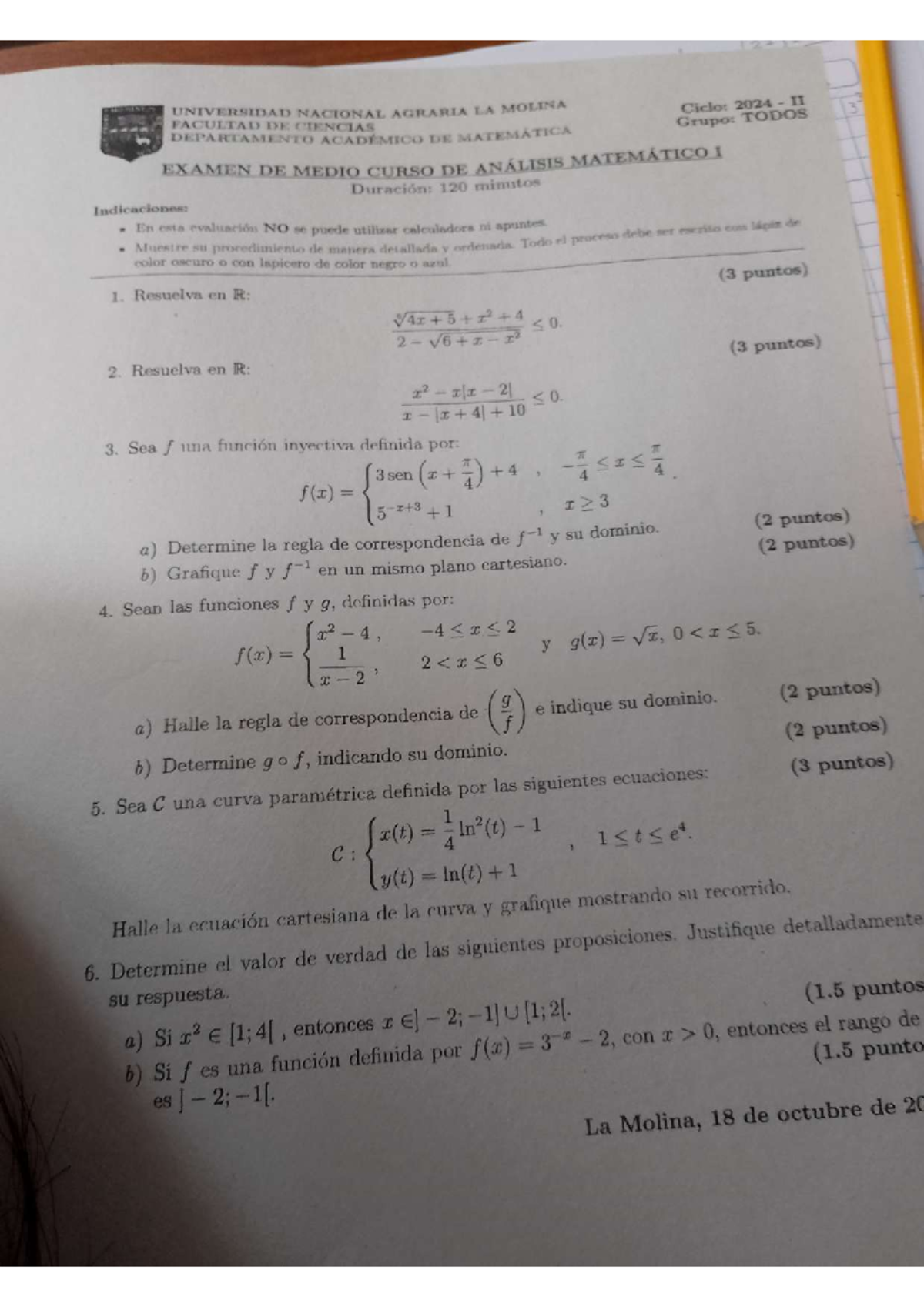Examen de medio curso ana1 - UNIVERSIDAD NACIONAL AGRARIA LA MOLINA ...