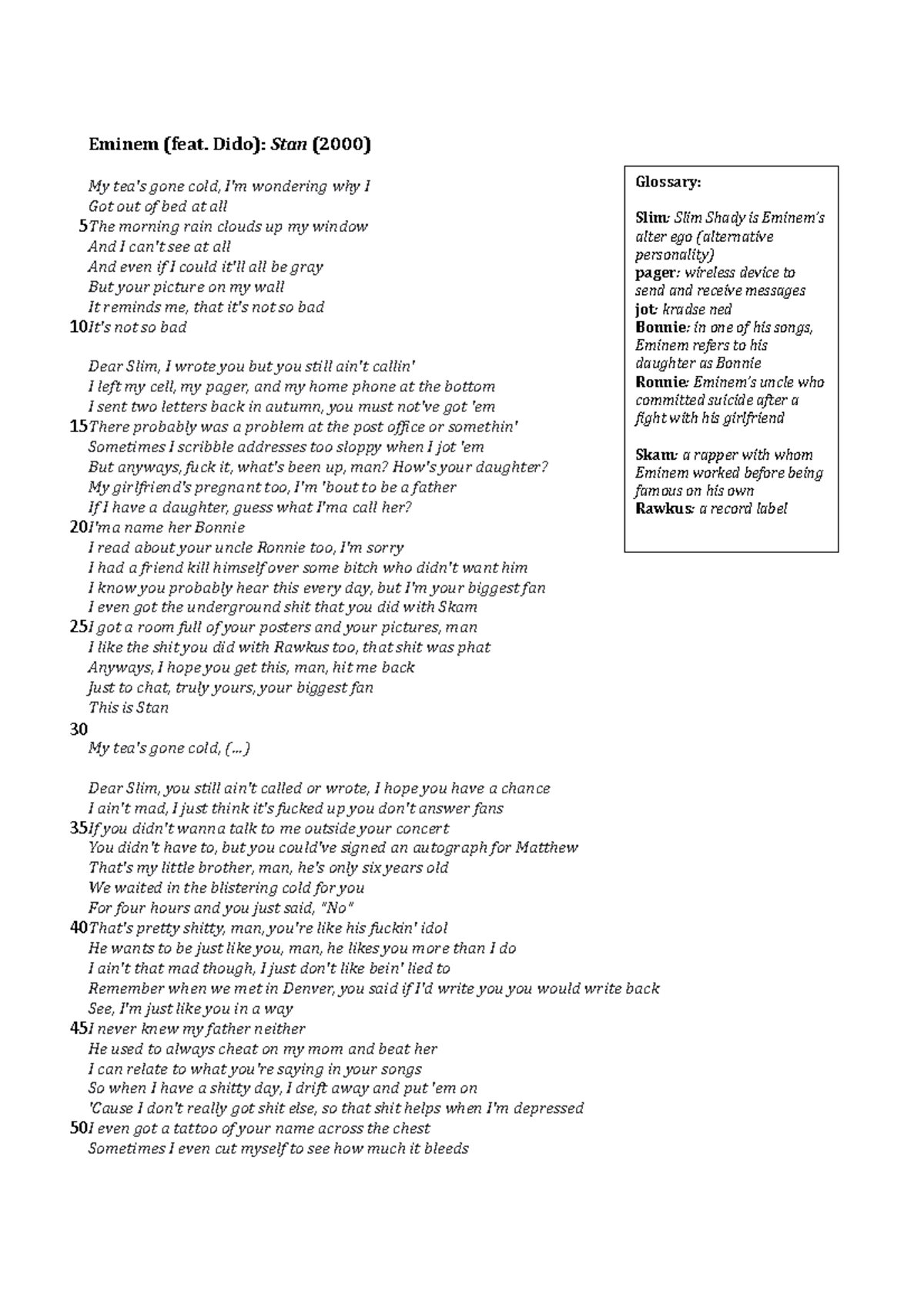 Stan text and glossary - Stan sangtekst med gloser - Eminem (feat. Dido ...
