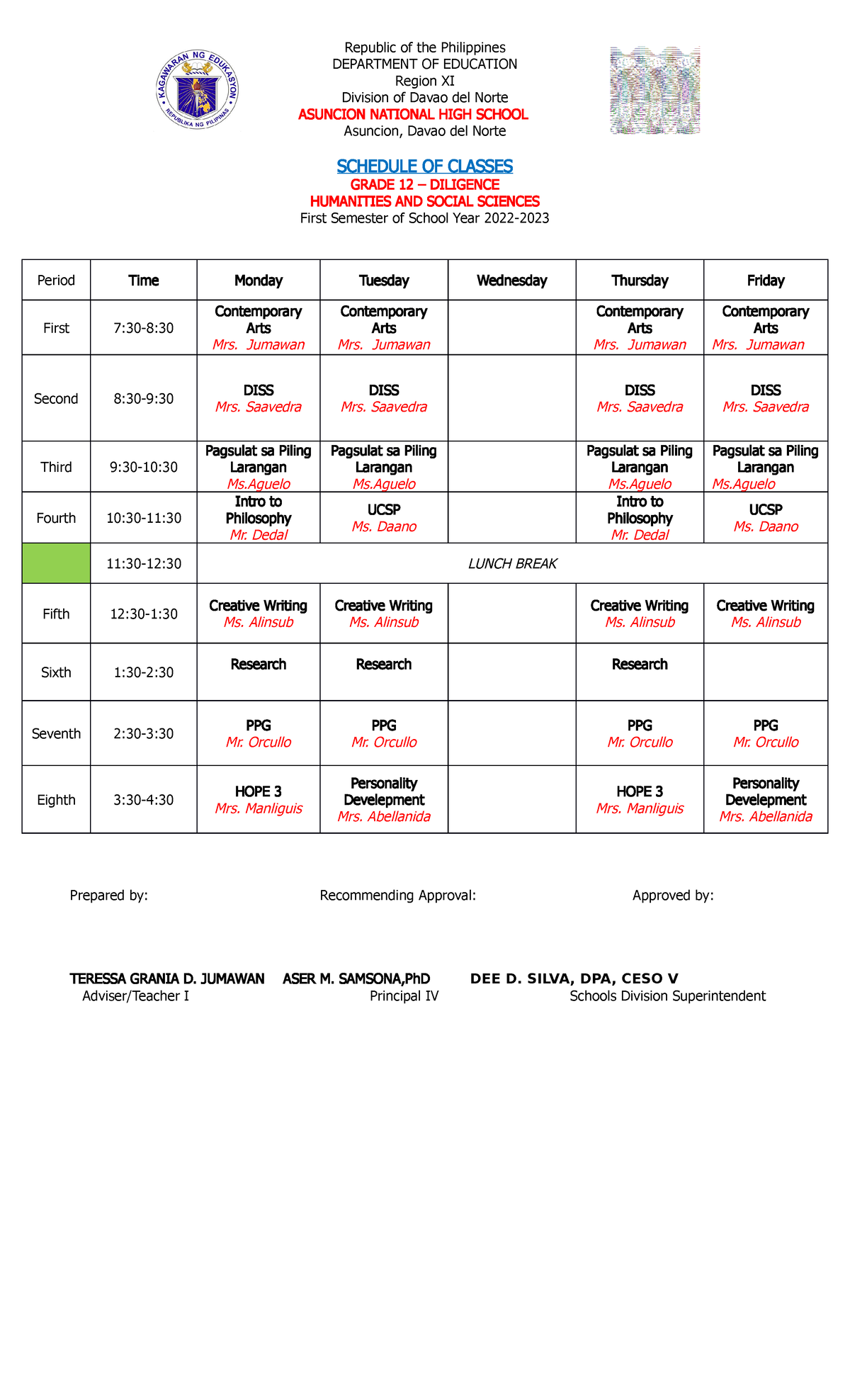 Class-Program For Classes - Republic of the Philippines DEPARTMENT OF ...