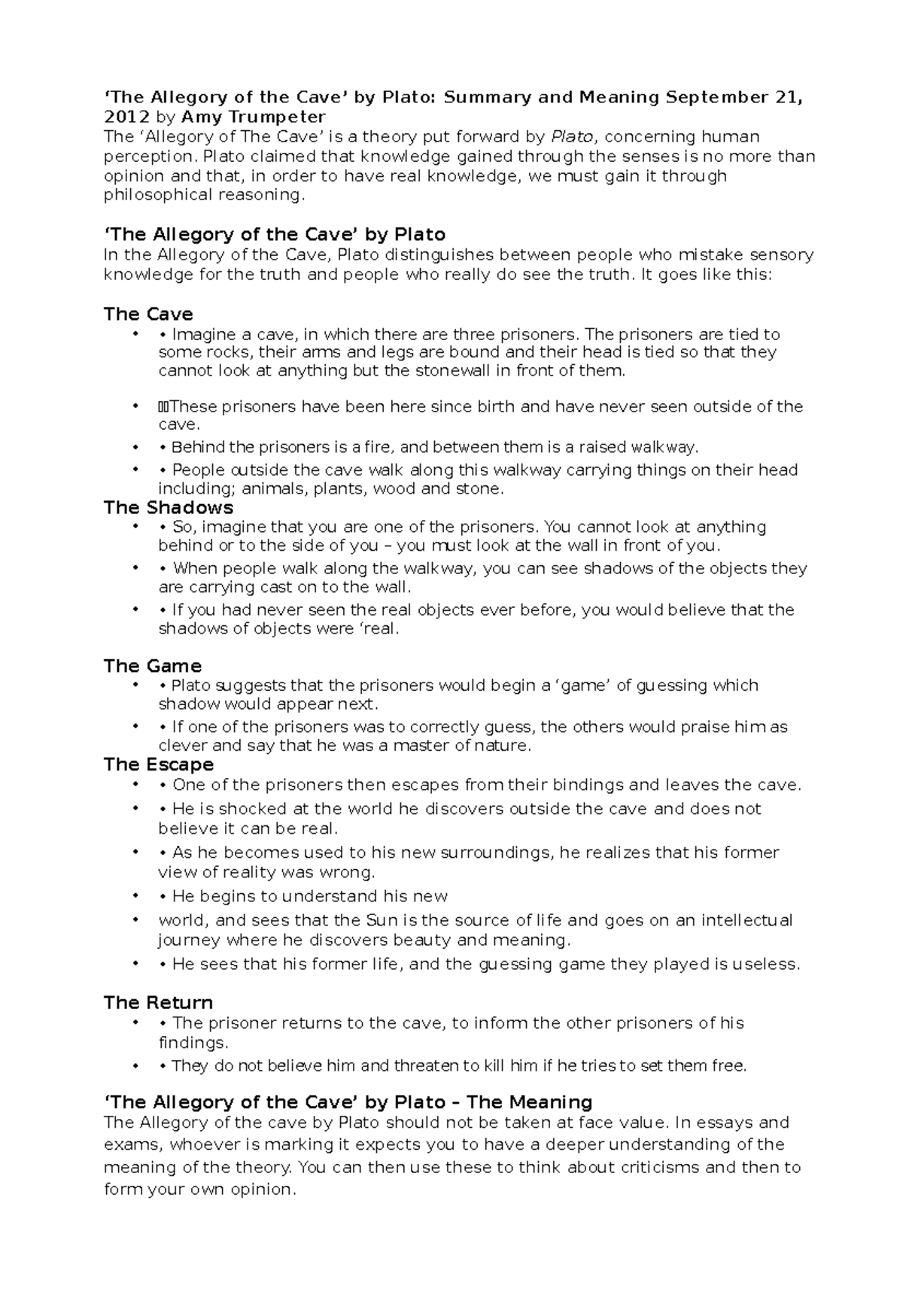 The Allegory of the Cave ‘The Allegory of the Cave’ by Plato Summary