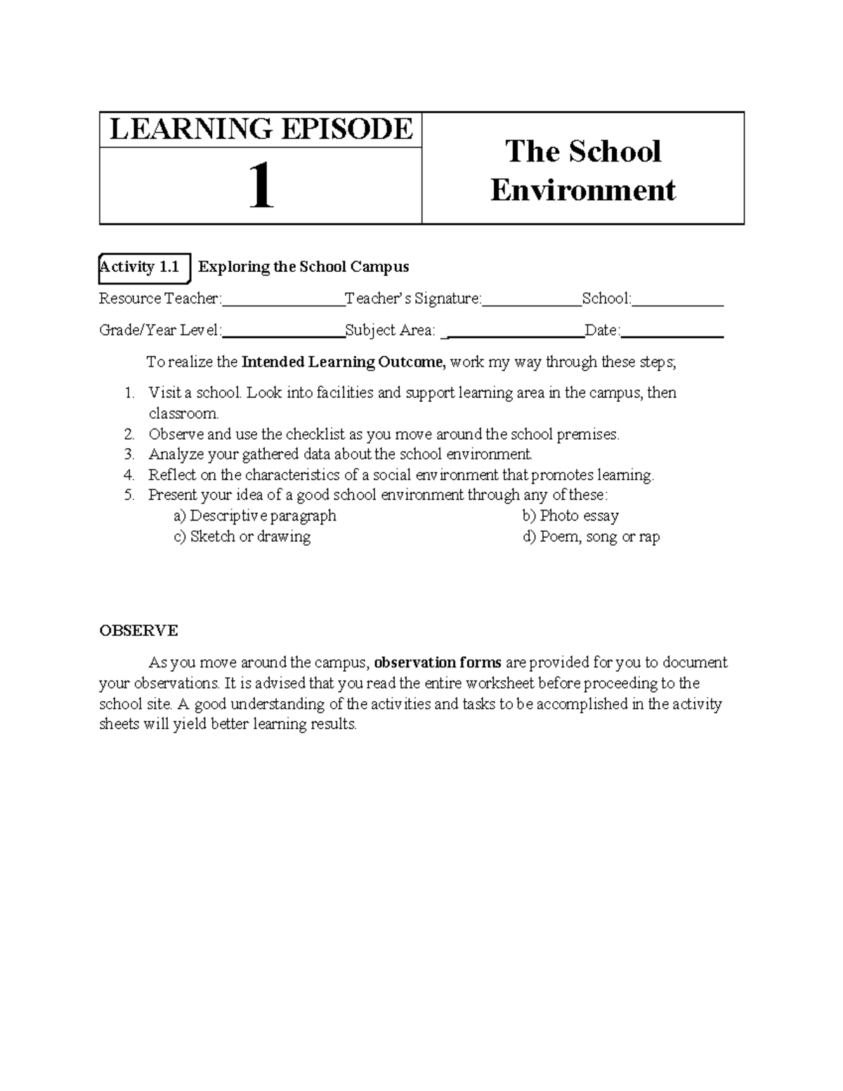 FS1 Episodes-blank - Lecture Notes On Field Study 1. - LEARNING EPISODE ...