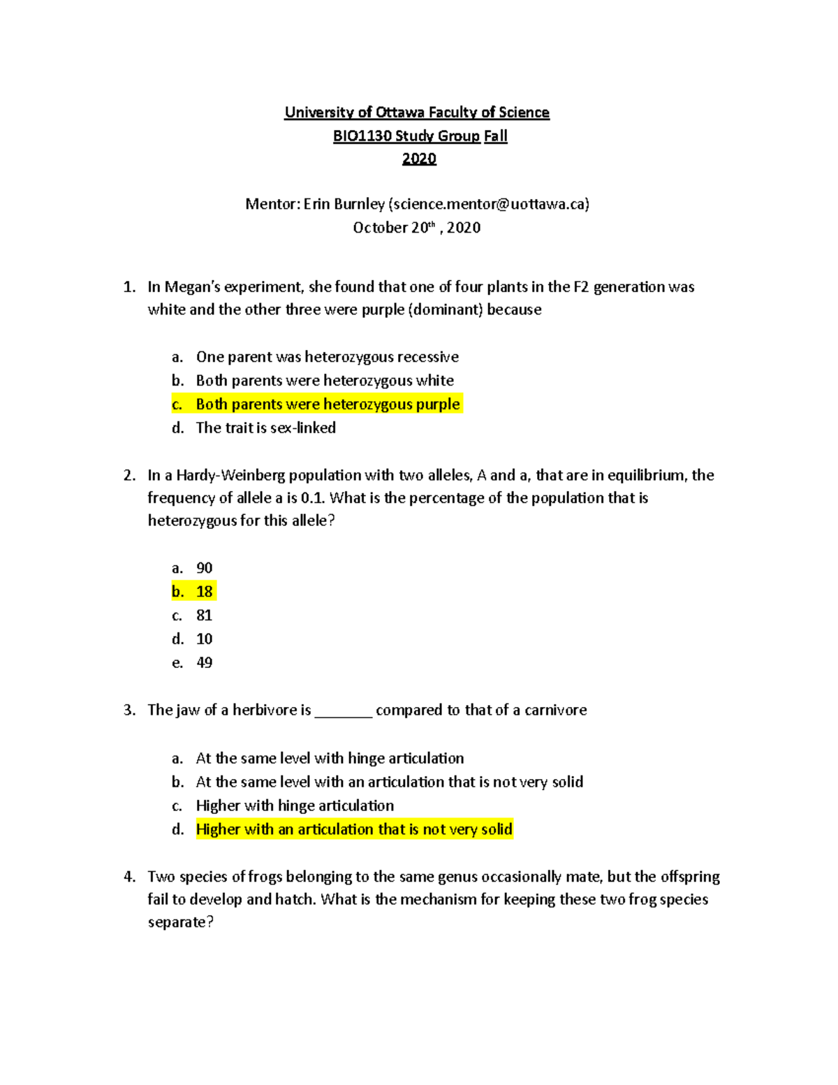 BIO1130 Study Group 5 Worksheet University of Otawa Faculty of Science