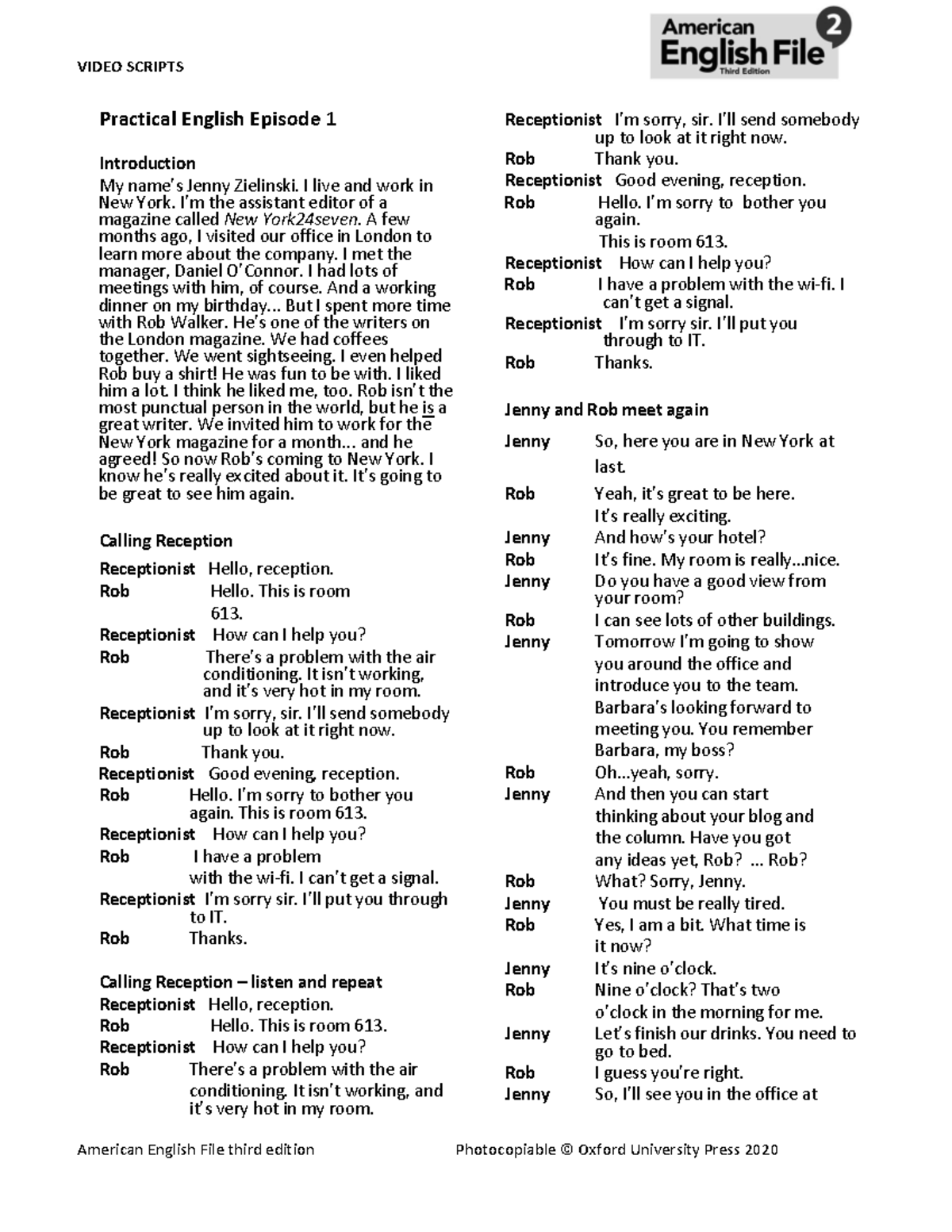 AEF3e Level 2 Video script - Practical English Episode 1 Introduction ...