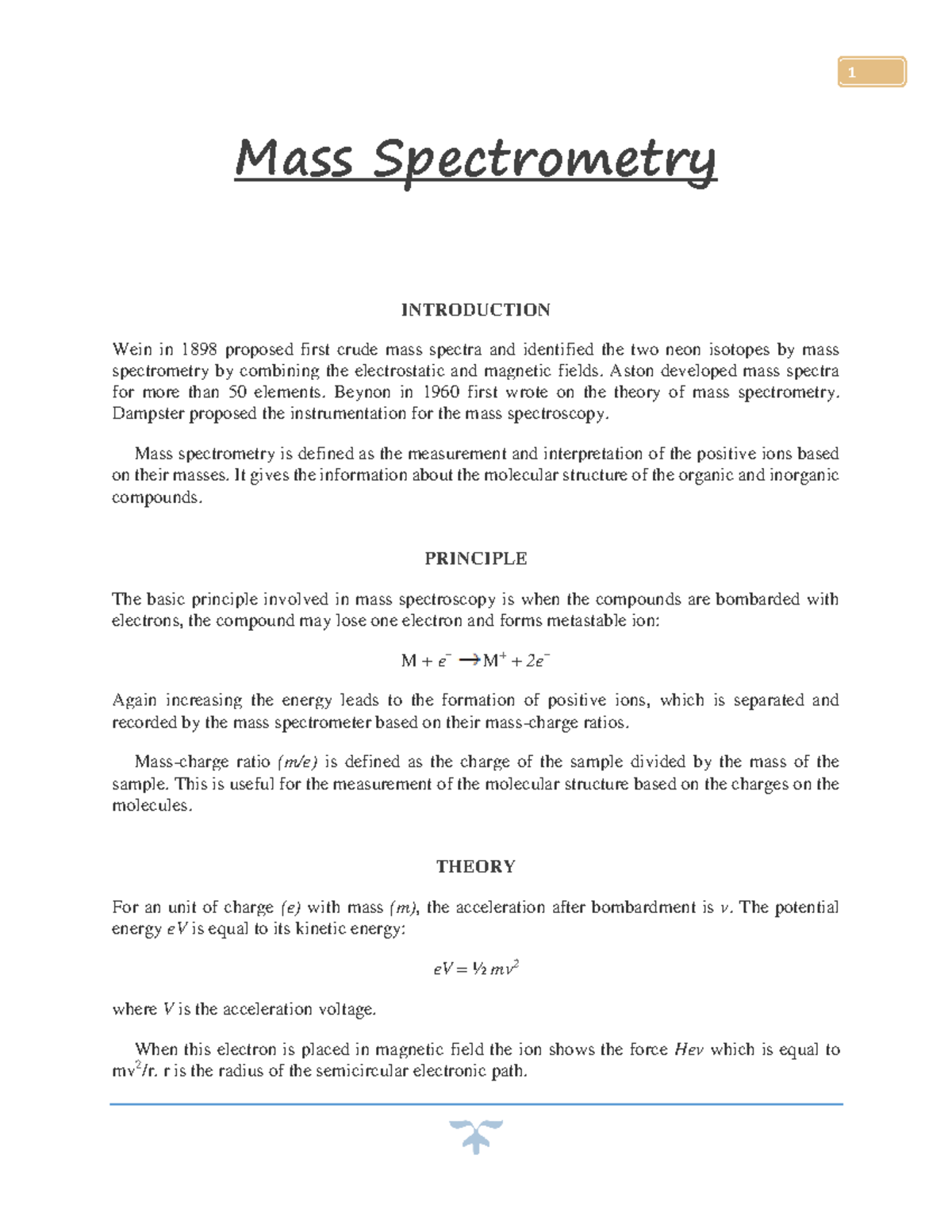 Mass Spectroscopy Pharmaceutical Analysis Bachelor of Pharmacy
