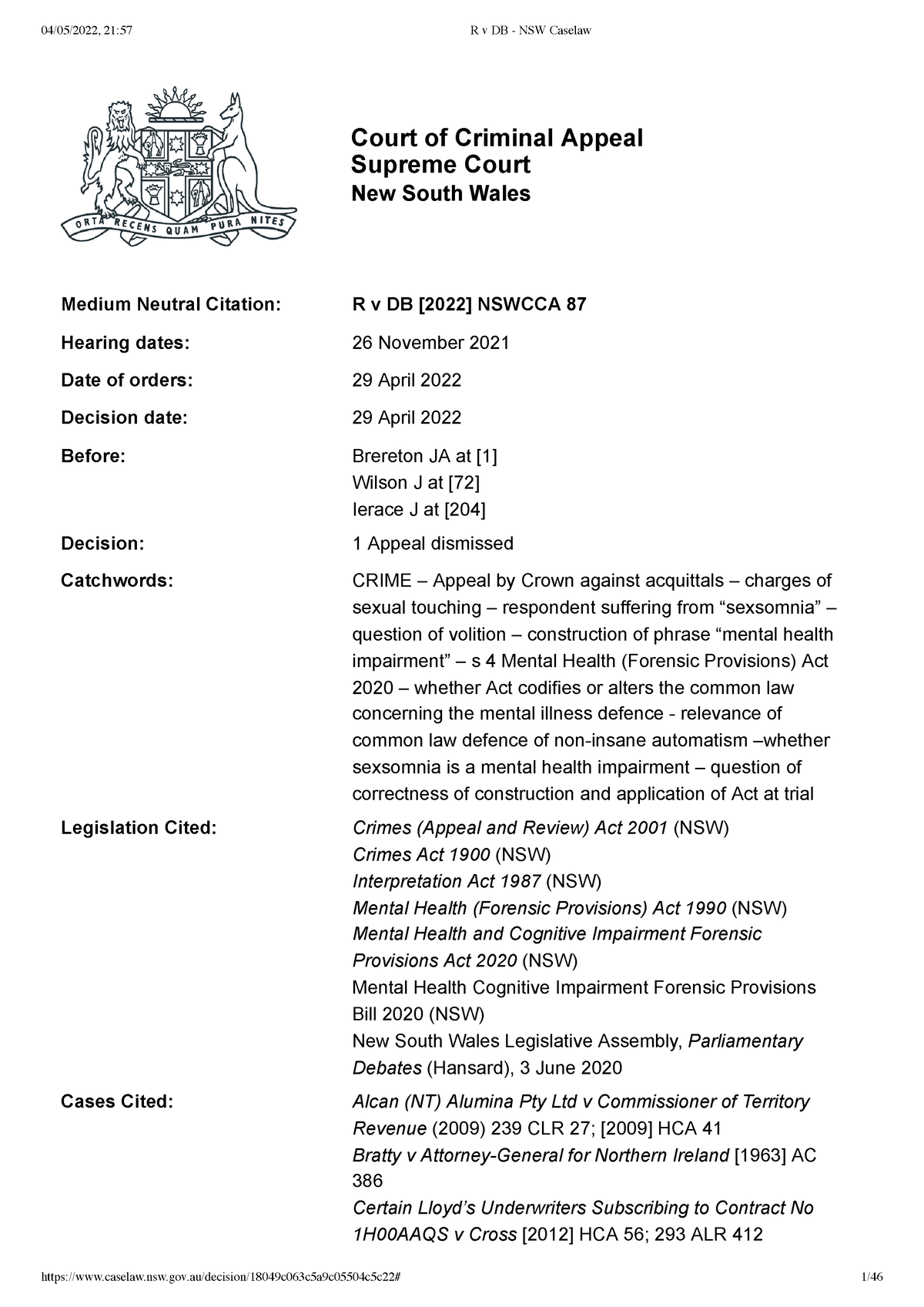R v DB NSW Caselaw n/a Medium Neutral Citation Hearing dates
