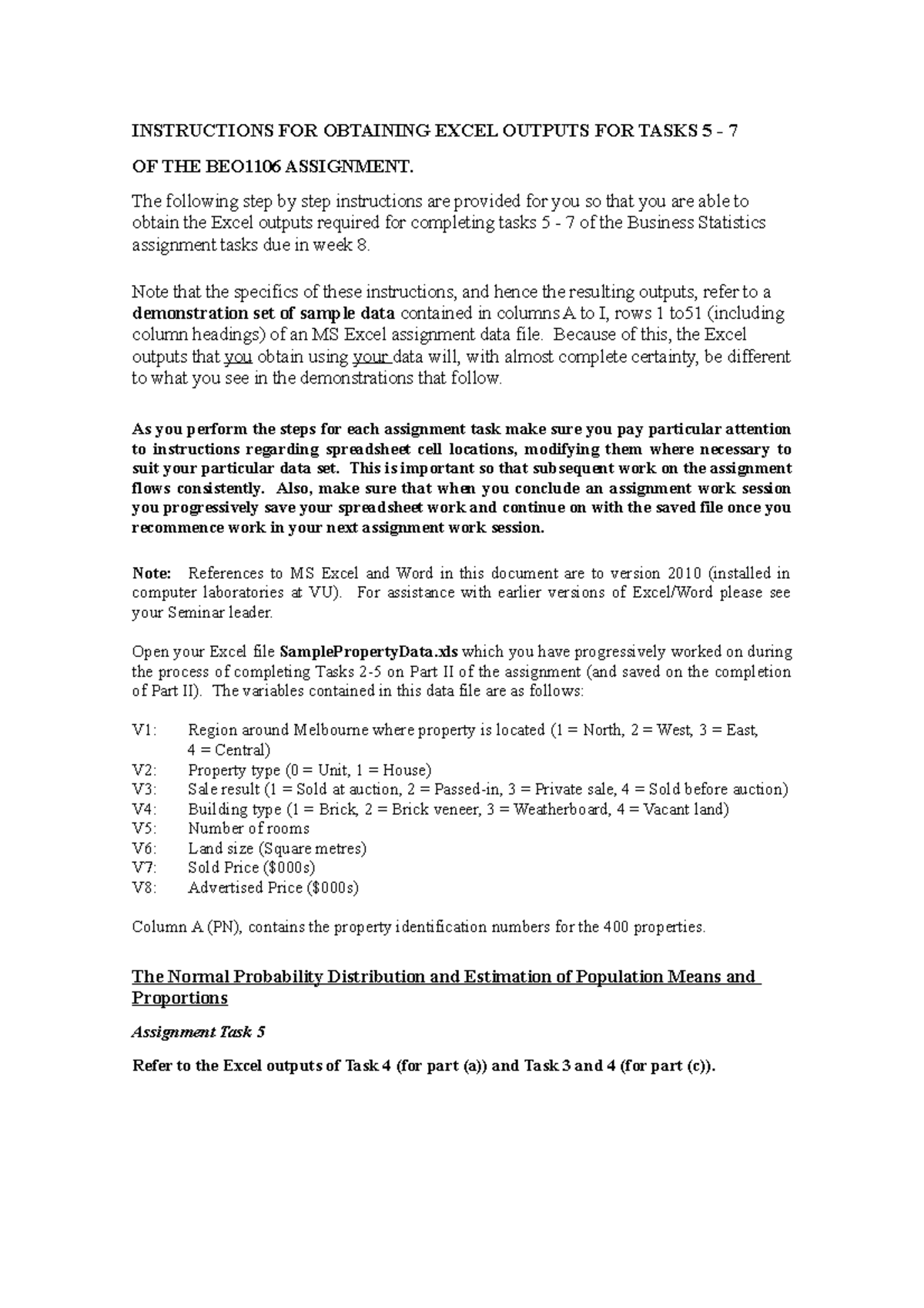 Excel Instructions for Assignment Tasks 5 - 7 - INSTRUCTIONS FOR ...