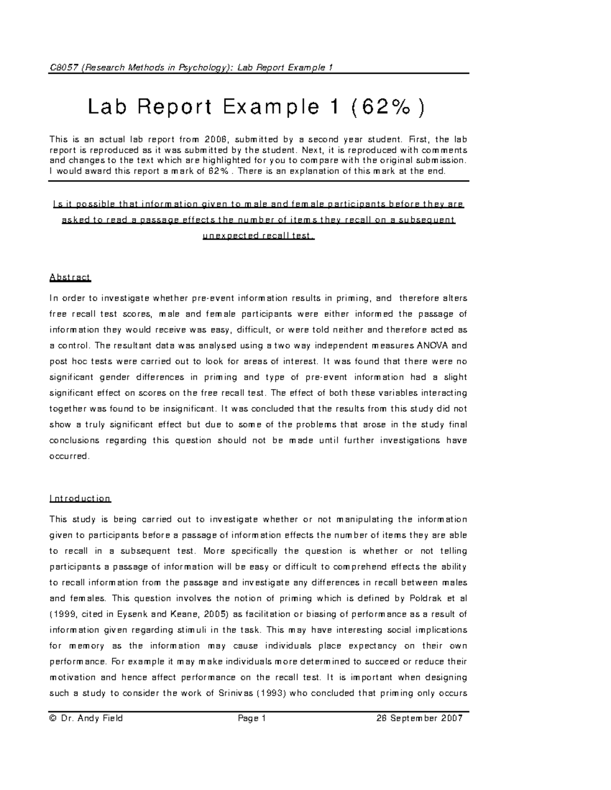 Lab report draw from students - Lab Report Example 1 (62%) This is an ...