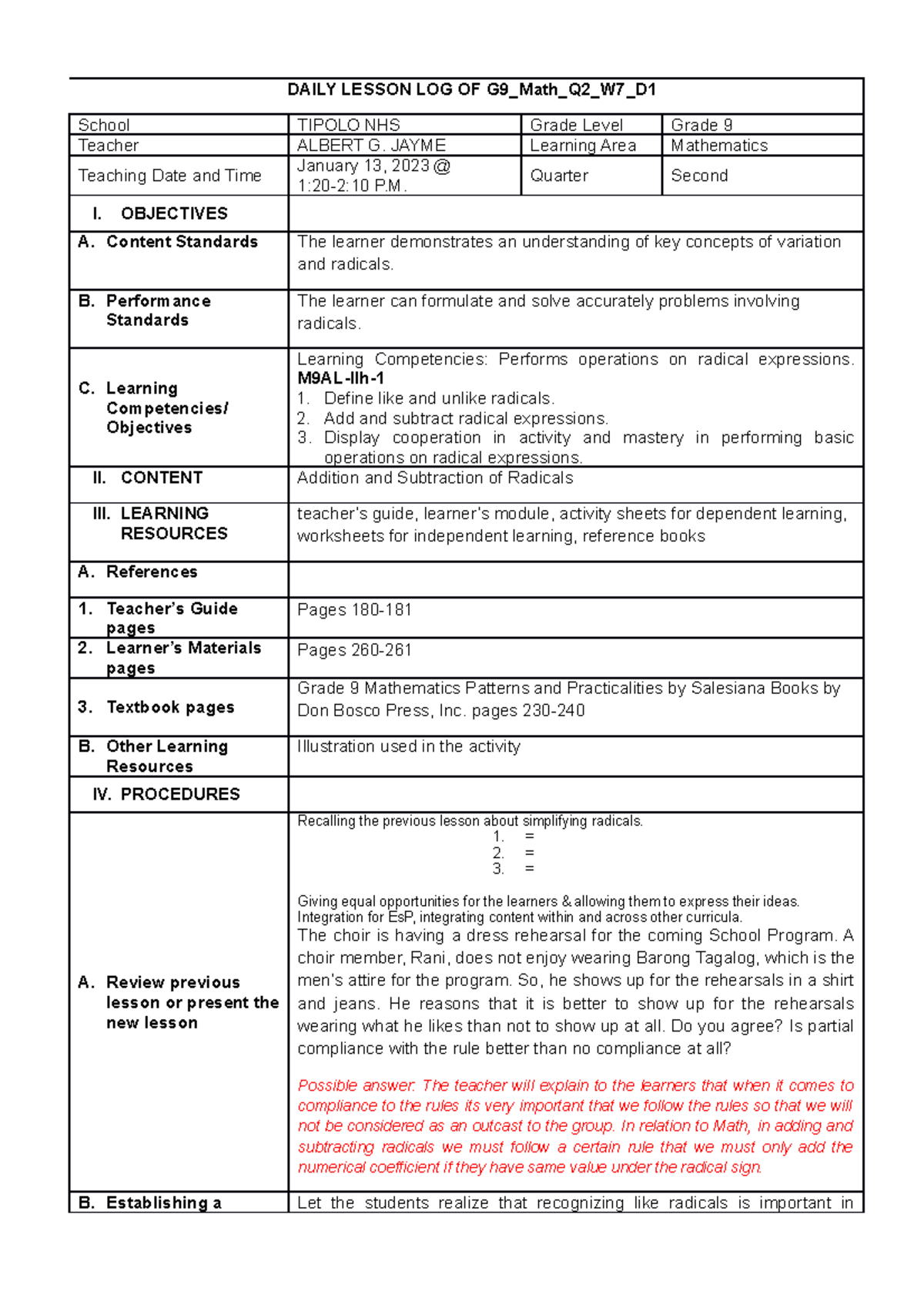 Adding and Subtracting radicals Invitational - DAILY LESSON LOG OF G9 ...