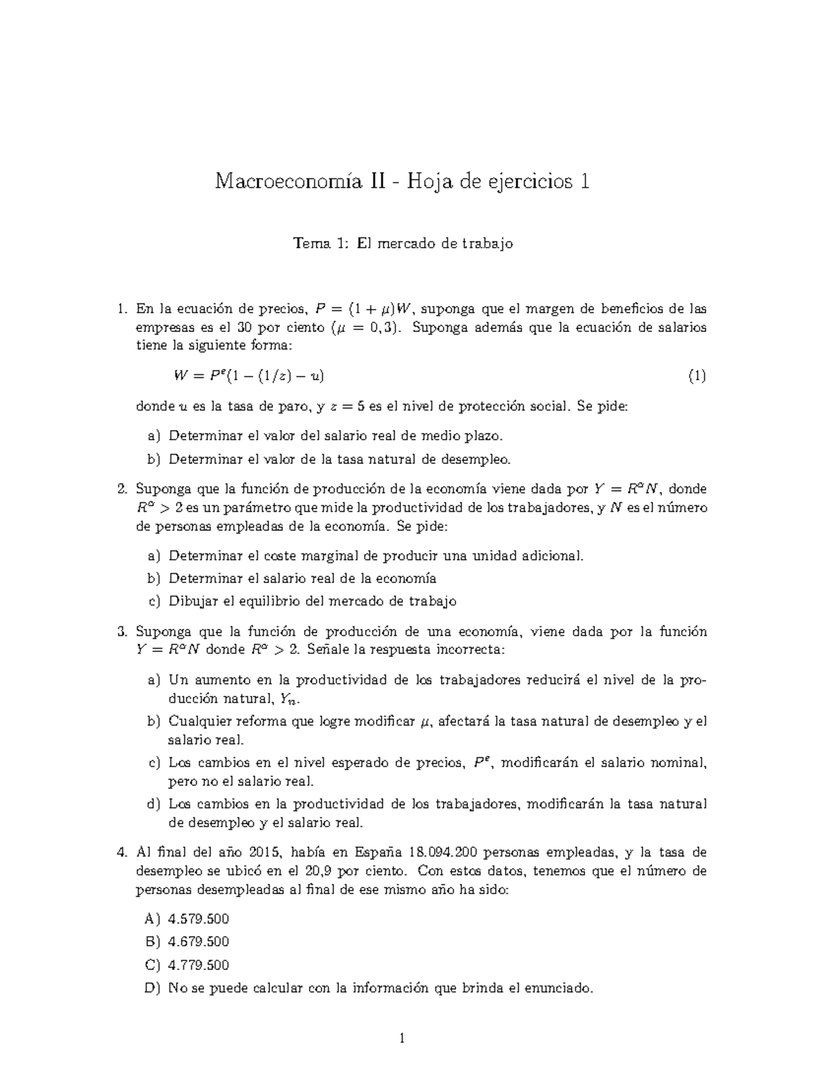 Ejercicios Propuestos I - Macroeconom ́ıa II - Hoja De Ejercicios 1 ...