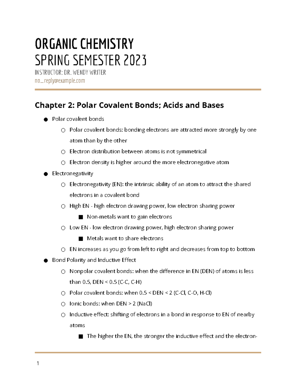 Chapter 2 Notes - ORGANIC CHEMISTRY SPRING SEMESTER 2023 INSTRUCTOR: DR ...