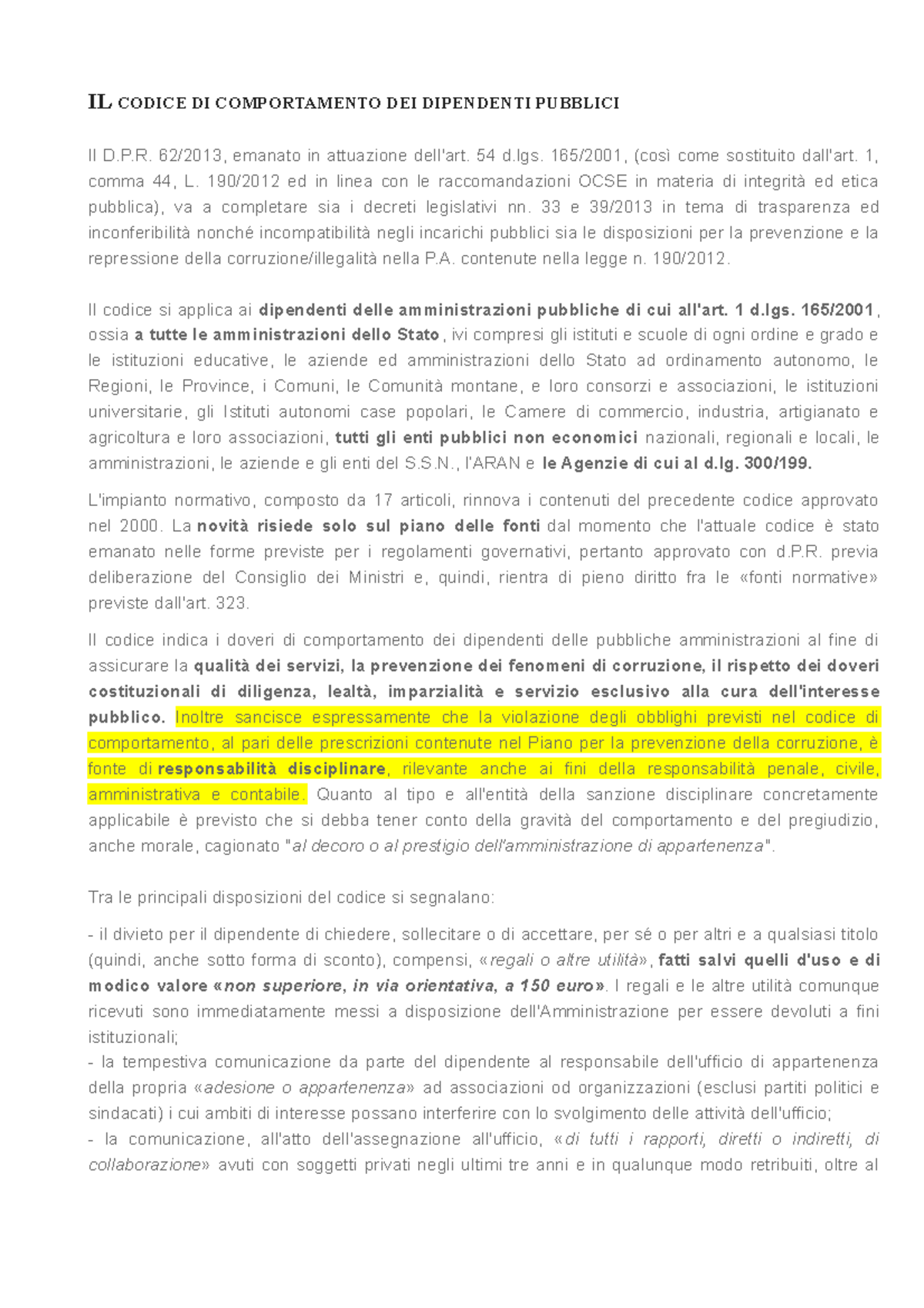 IL Codice DI Comportamento DEI Dipendenti Pubblici - IL CODICE DI ...