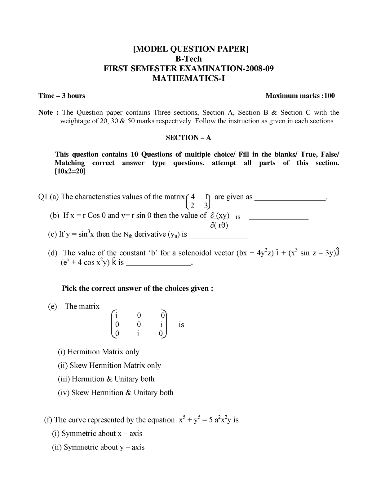 Model Paper Mathematics - ∧ [MODEL QUESTION PAPER] B-Tech FIRST ...