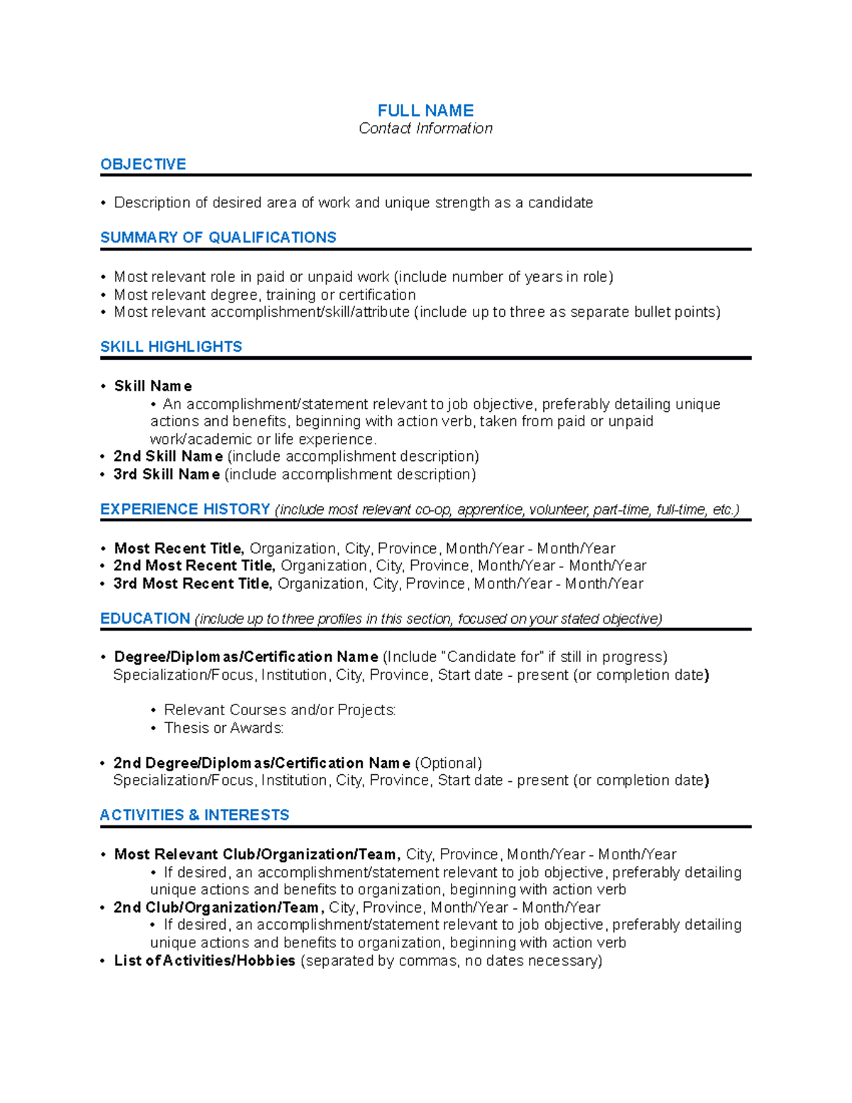 Skills-Resume-Templates - FULL NAME Contact Information OBJECTIVE ...