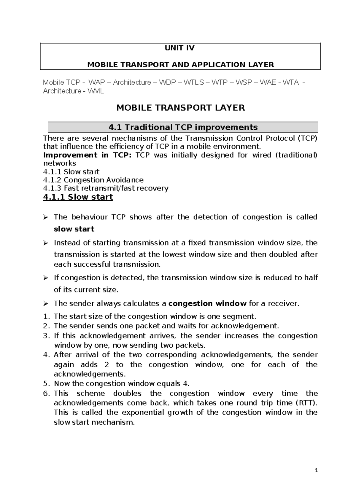 Mcunit IV - Final - UNIT IV MOBILE TRANSPORT AND APPLICATION LAYER ...