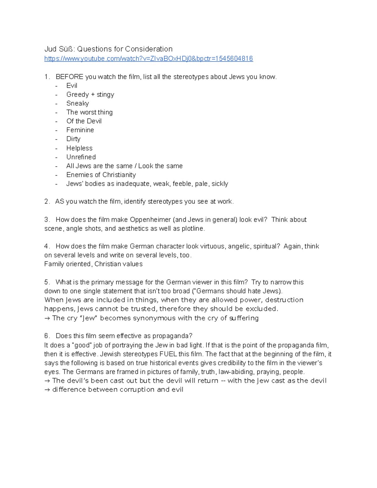 Jud Süß Questions for Consideration - Jud Süß: Questions for ...