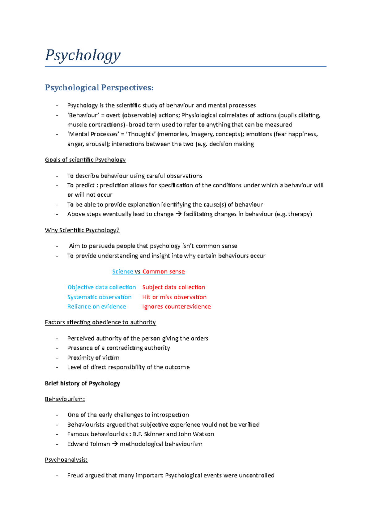 Psychology 1A Lecture notes - Psychology Psychological Perspectives ...