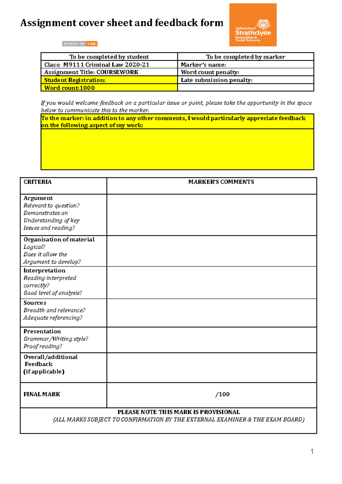 Case Comment - Assignment cover sheet and feedback form To be completed ...