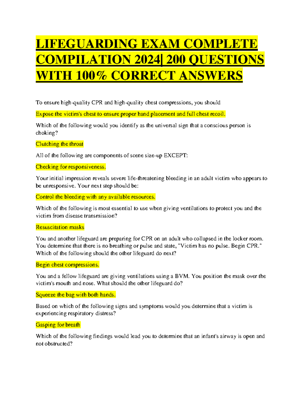 Lifeguarding EXAM Complete Compilation 2024 LIFEGUARDING EXAM