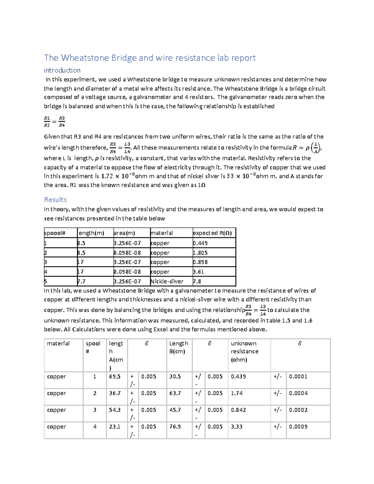 The Wheatstone Bridge and wire resistance lab report The Wheatstone