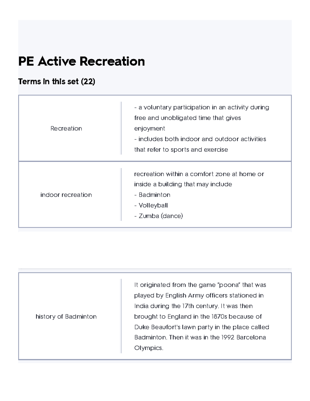 PE Active Recreation Flashcards Quizlet PE Active Recreation Terms in