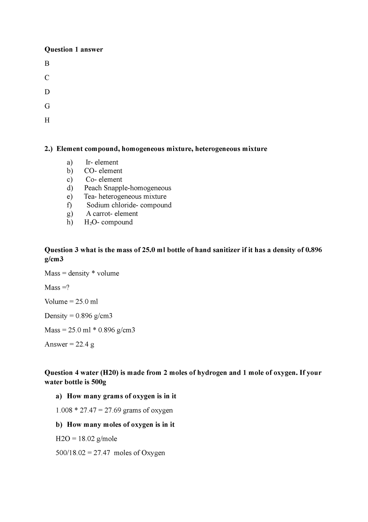 Question 1 Chemistry - Question 1 Answer B C D G H 2.) Element Compound ...