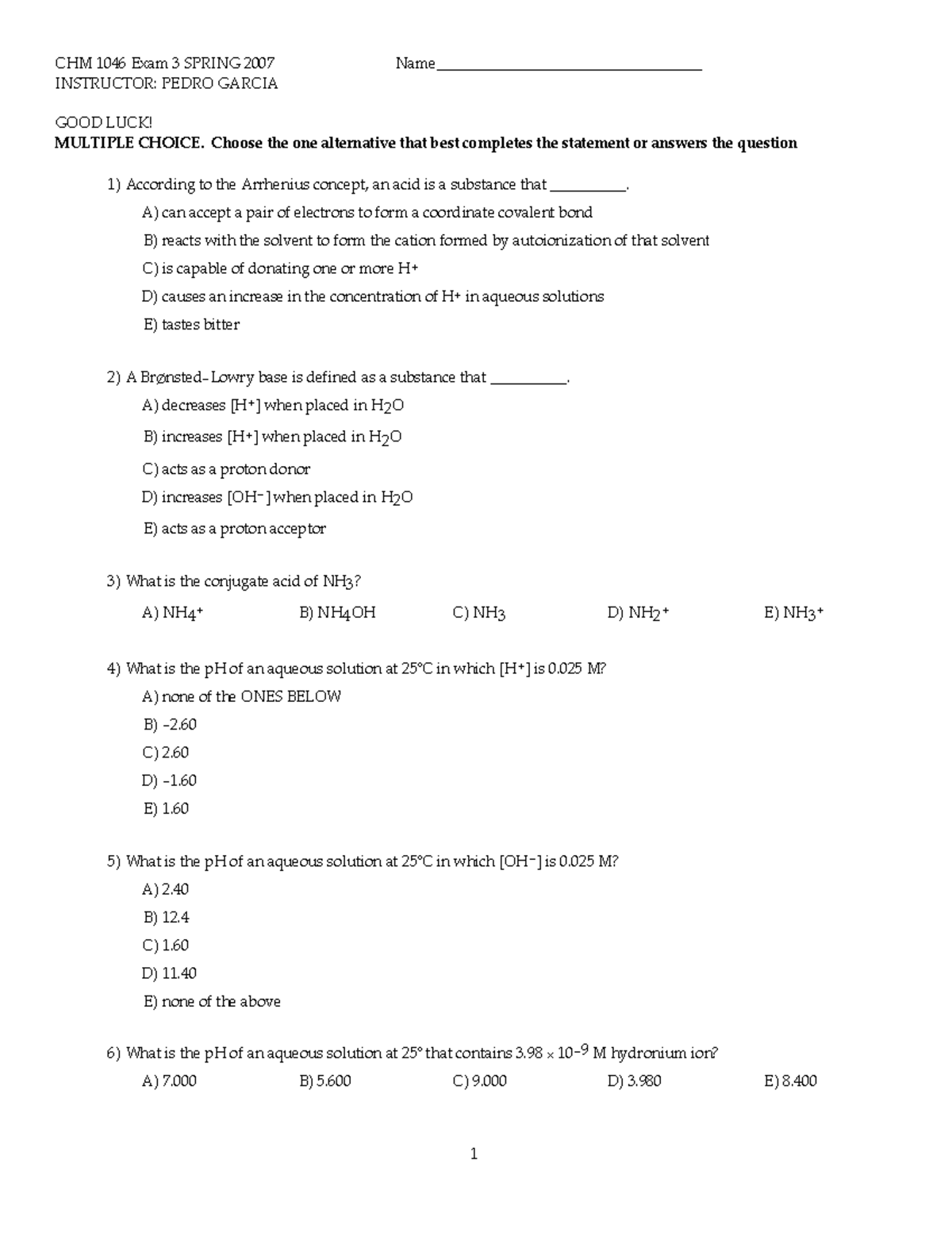 CHM 1046 Exam 3 Spring pdf - CHM 1046 Exam 3 SPRING 2007 Name